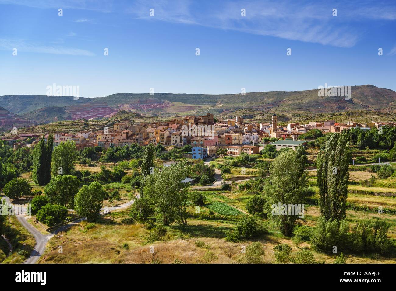 Riodeva Stadtbild, kleine Stadt in der Provinz Teruel, Aragon, Spanien. Stockfoto