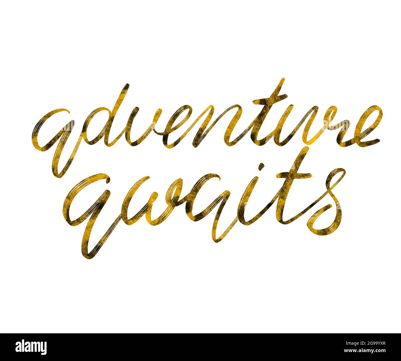 Abenteuer erwartet Gold Schriftzug Phrase auf weißem Hintergrund Stockfoto