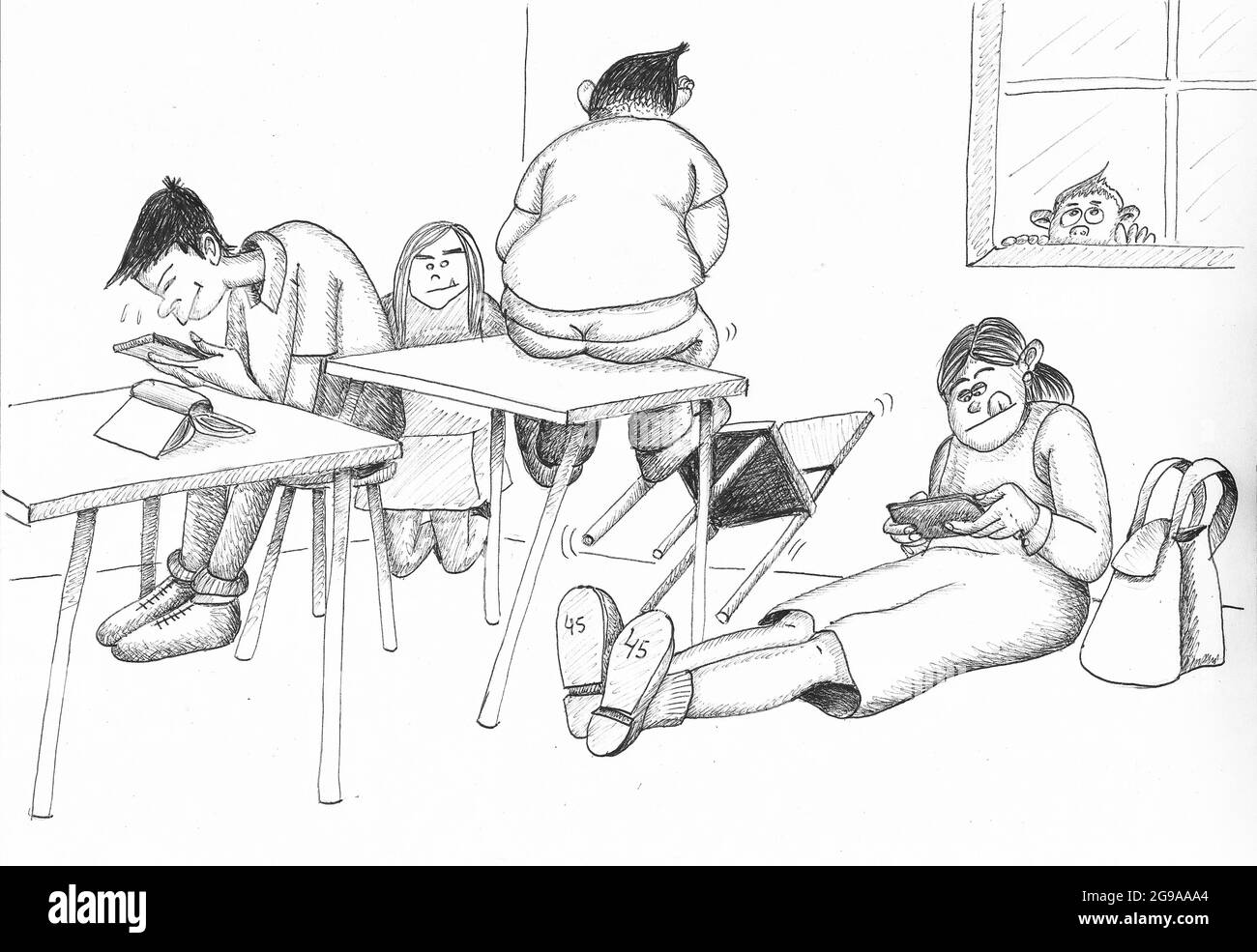 Schüler, die in einem Klassenzimmer ein Mobiltelefon verwenden. Abbildung. Stockfoto