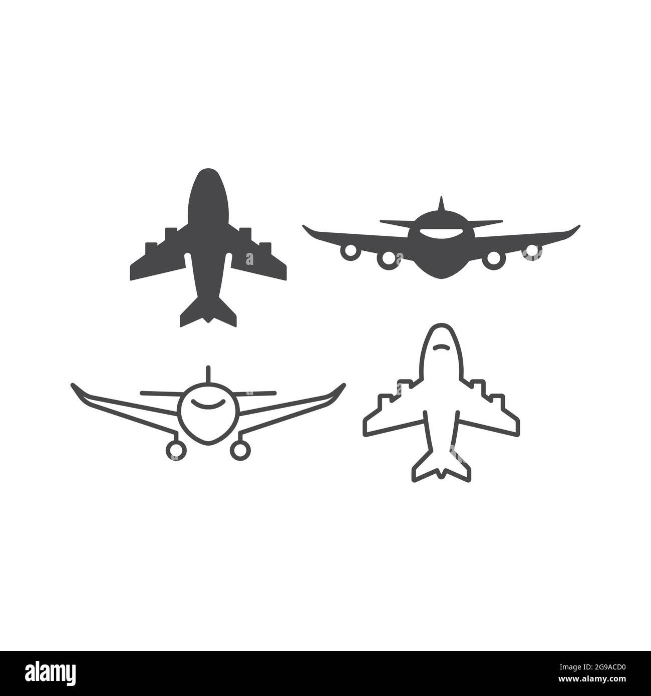 Flugzeug schwarze Vektorlinie und Glyphe. Einfache Symbolsatz für Fluggesellschaften. Stock Vektor