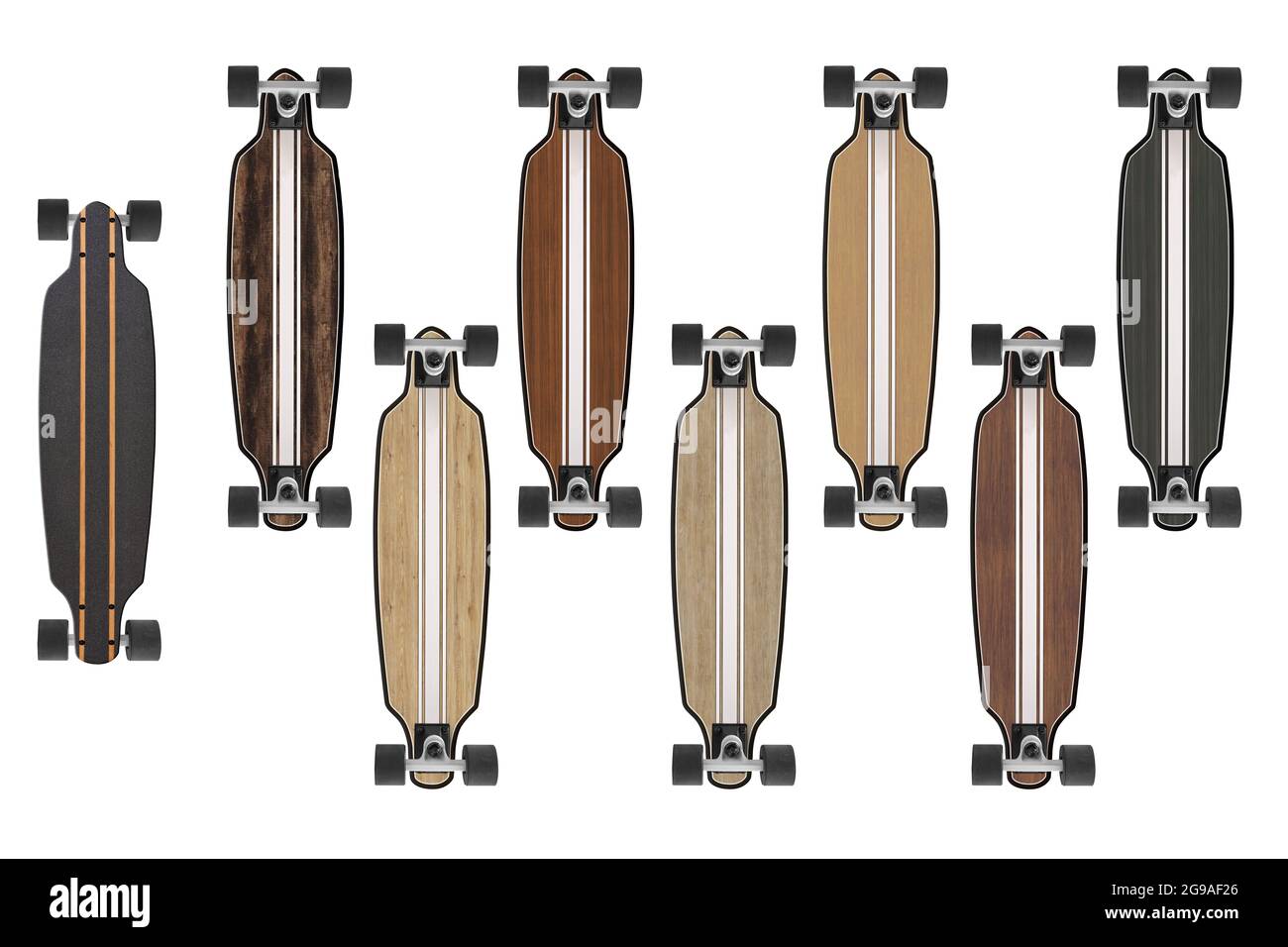 Kollektion von Longboard mit verschiedenen Holztextur und Streifen. Einer von oben und sein Griff Stockfoto