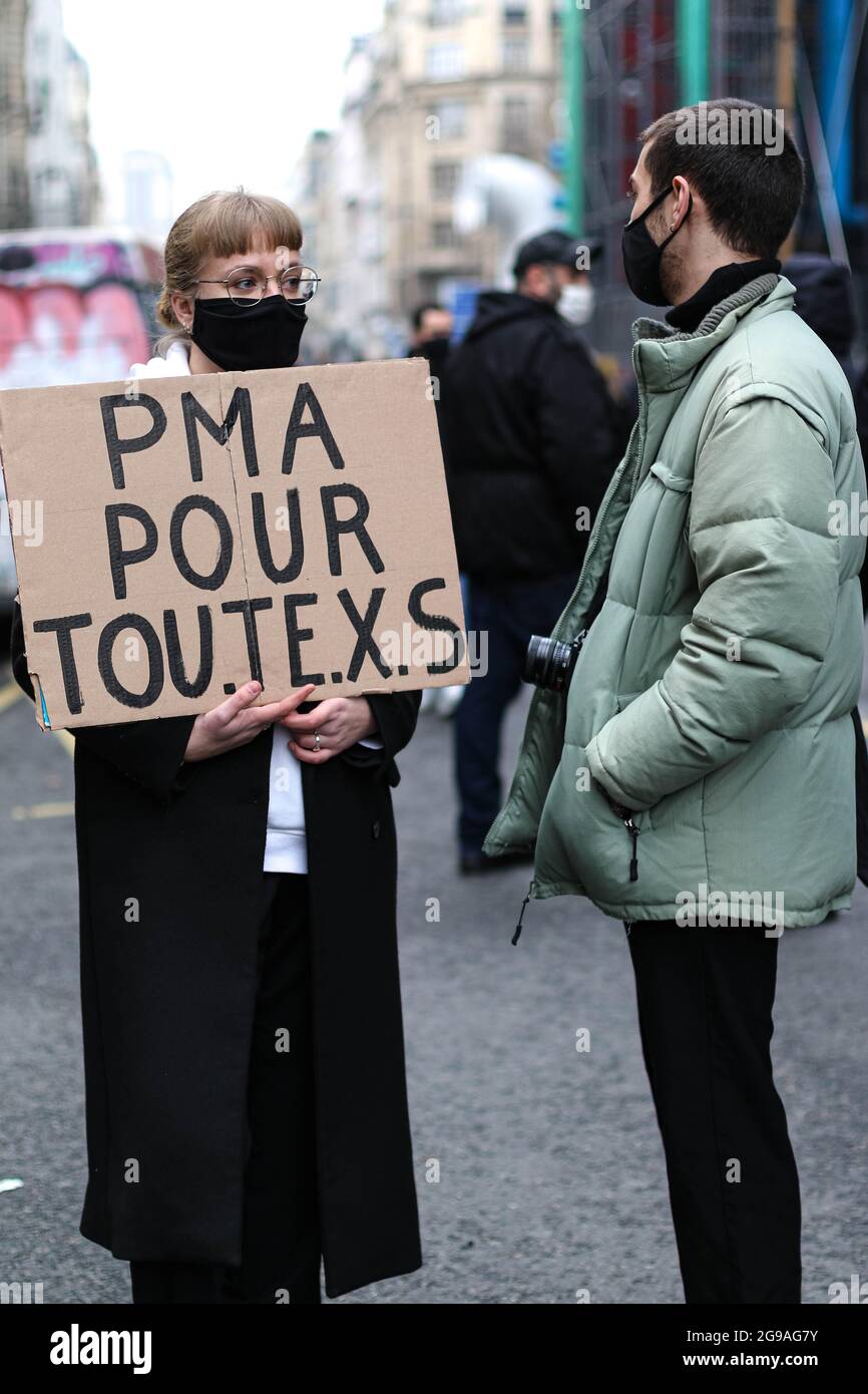 Manifestation pour 'LA PMA POUR TOUS' à Paris le 31. Januar 2021. Stockfoto