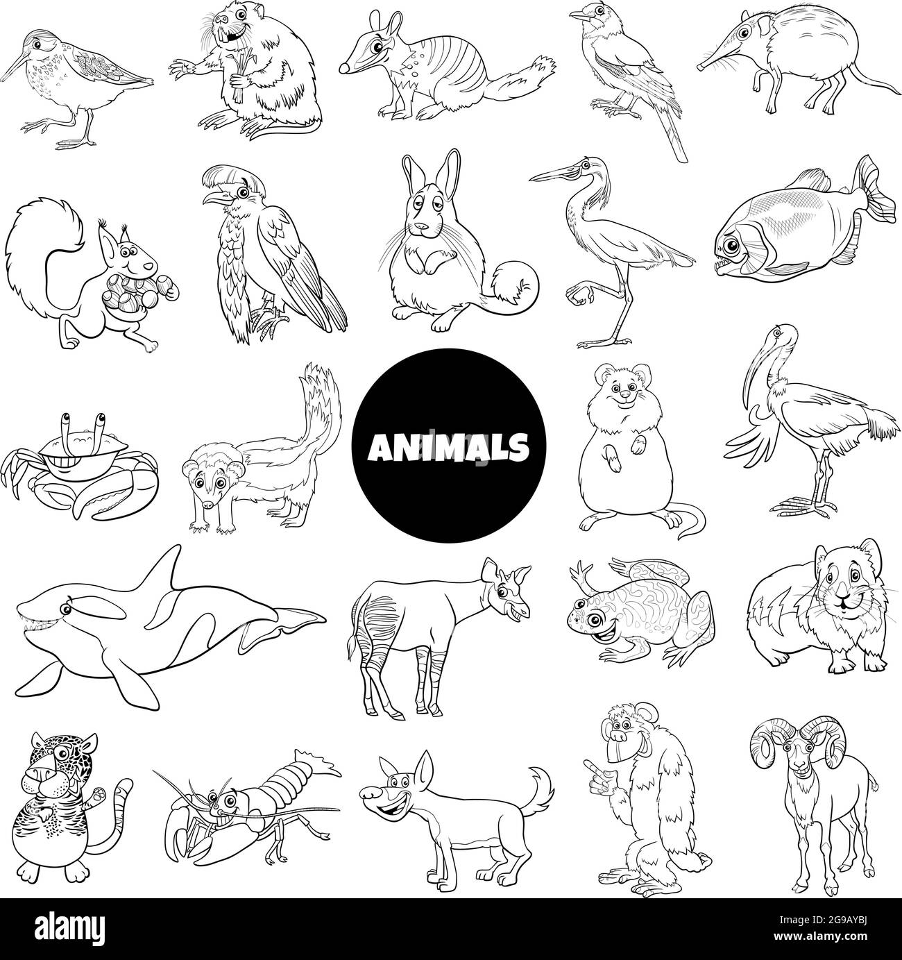 Schwarz eine weiße Arton Illustration von lustigen wilden Tierarten Zeichen großen Satz Stock Vektor