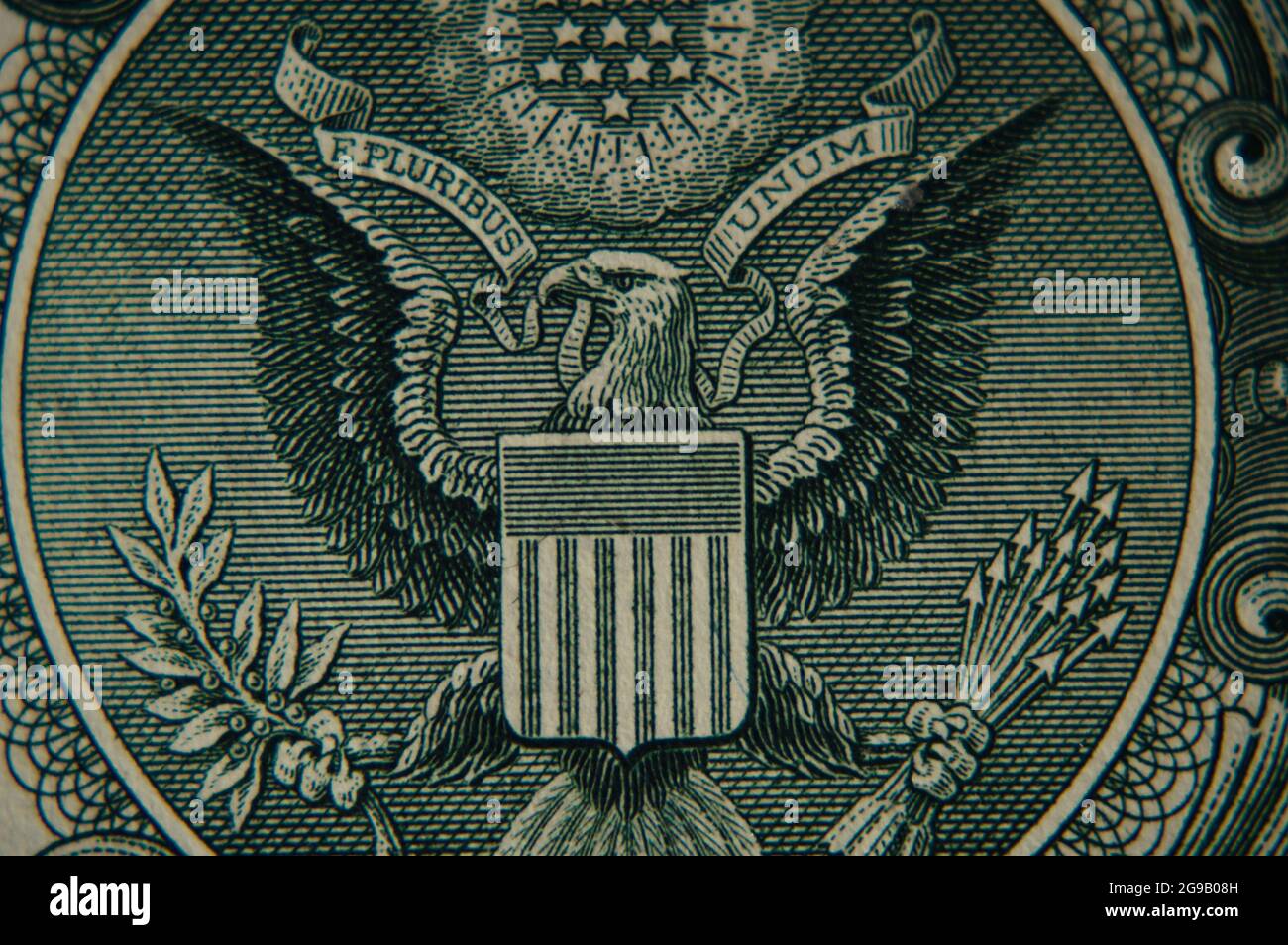 US-Adler-Symbol auf einem 1-Dollar-Schein, Makro Stockfoto
