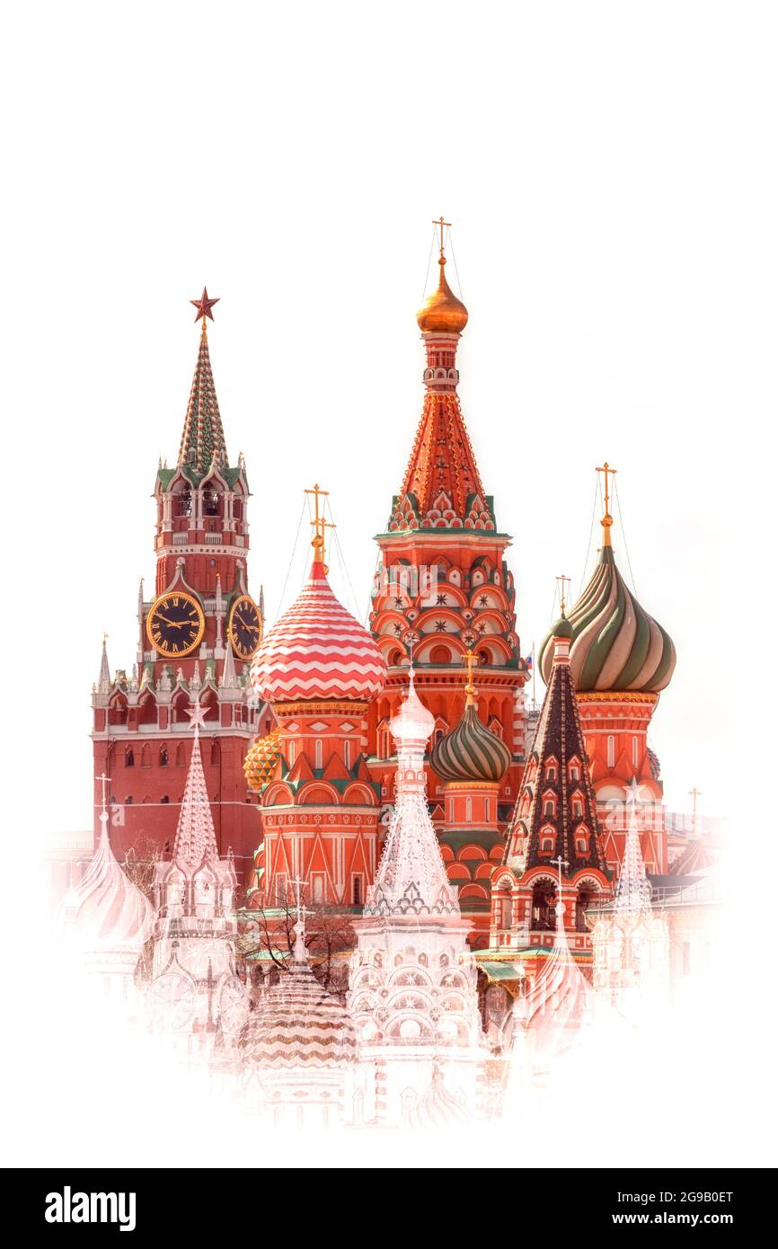 Basilius-Kathedrale und Spasskaya-Turm, Roter Platz, Moskau, isoliert auf weißem Hintergrund mit weißer Stempelmaske. Symbol von Russland für Ihr Design. Stockfoto