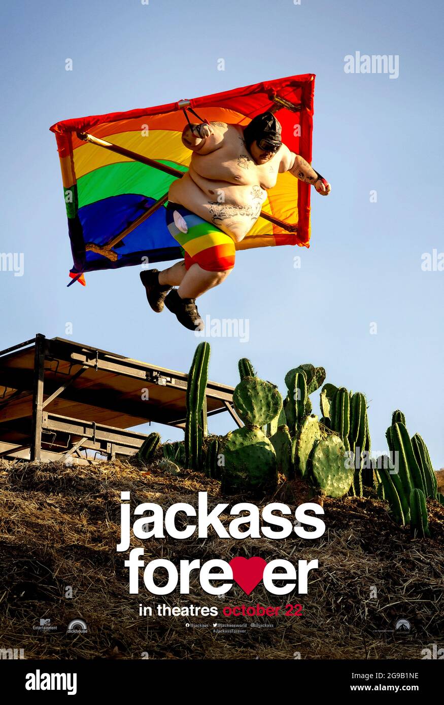 Jackass Forever (2021) unter der Regie von Jeff Tremaine mit Johnny Knoxville, Steve-O, Pontius, Wee-man und Preston Lacy. Die Jackass-Crew kehrt nach einer 10-jährigen Pause zurück, um in ihrem vierten Spielfilm einen waghalsigen Stunt aufzuführen. Stockfoto