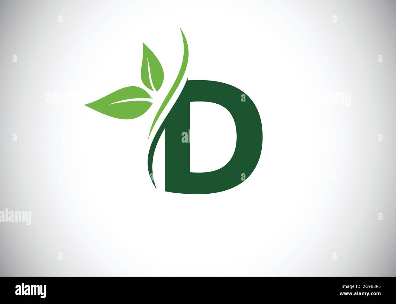 Anfängliches D-Monogramm-Alphabet mit zwei Blättern. Grünes, umweltfreundliches Logo-Konzept. Modernes Vektorlogo für ökologische Geschäfts- und Firmenidentität Stock Vektor
