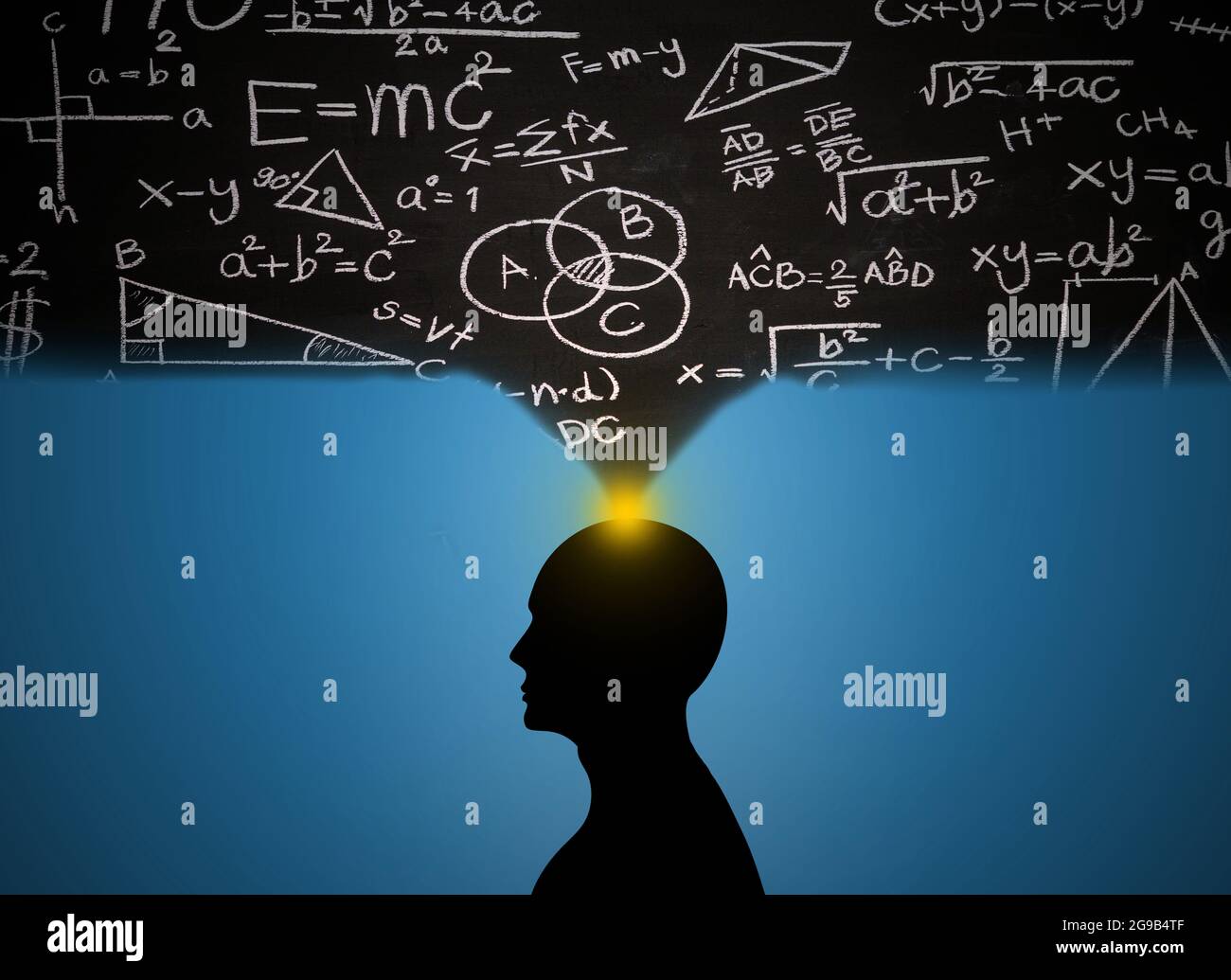 Mann Kopf mit Motten und Physik Gedanken. Mann Silhouette Gehirn mit Mathematik und Physik Formel Cloud . wissenschaftliche Brainstorming Person und Wissenschaft Stockfoto