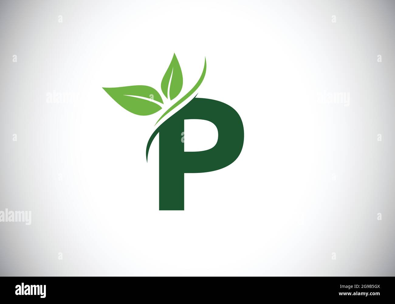 Anfängliches P-Monogramm-Alphabet mit zwei Blättern. Grünes, umweltfreundliches Logo-Konzept. Modernes Vektorlogo für ökologische Geschäfts- und Firmenidentität Stock Vektor