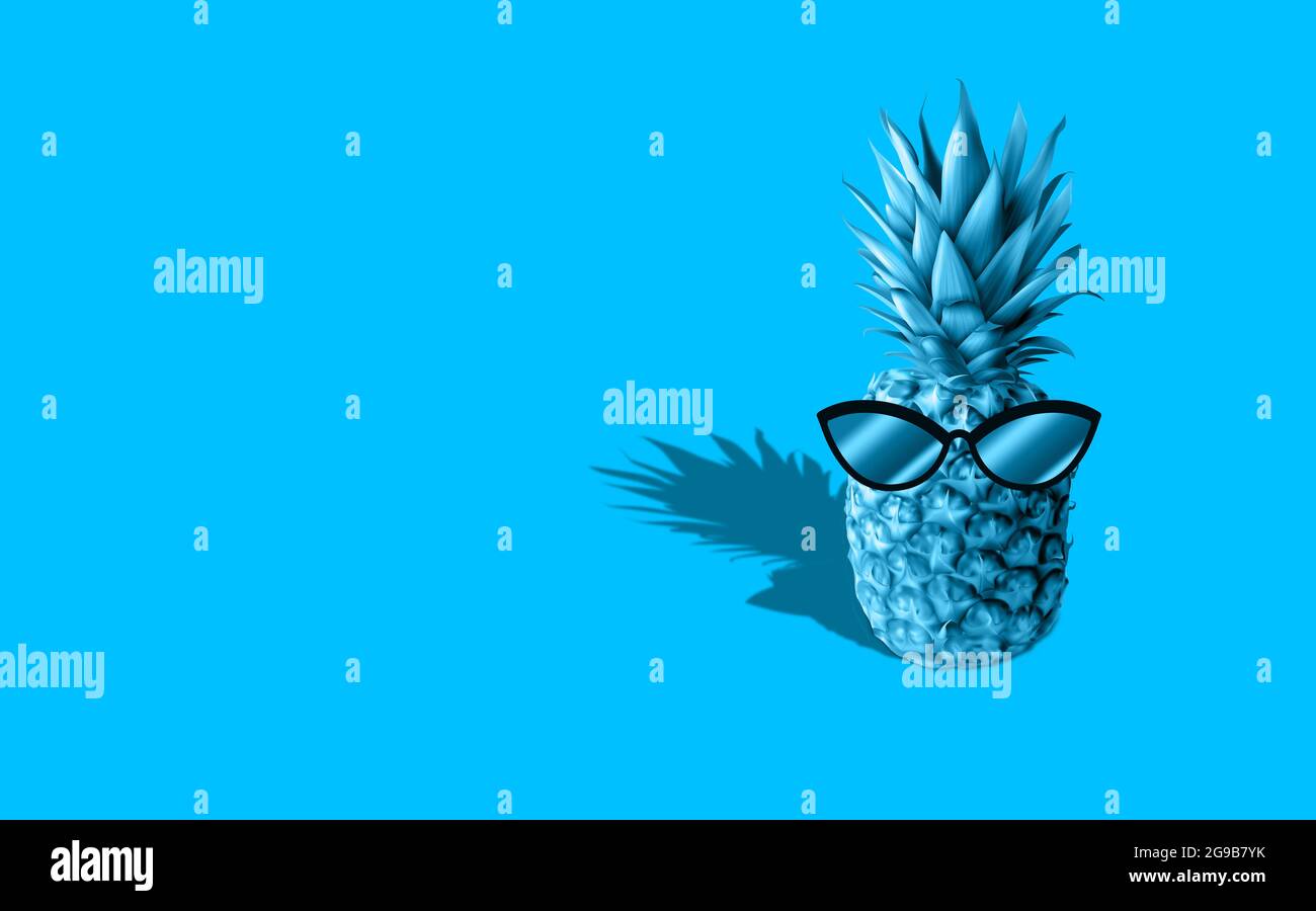 Cool Pineapple Minimal mit blauem, monochromem Hintergrund. Eine Pinienapfelfrucht auf blauem Hintergrund. Sommerkonzept Kreative Idee Stockfoto