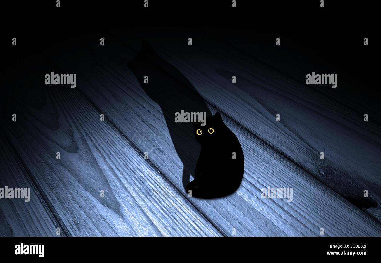 Schwarze Katze mit leuchtend gelben Augen auf dunklem Wood Vintage Floor. Horrorszenekonzept Stockfoto