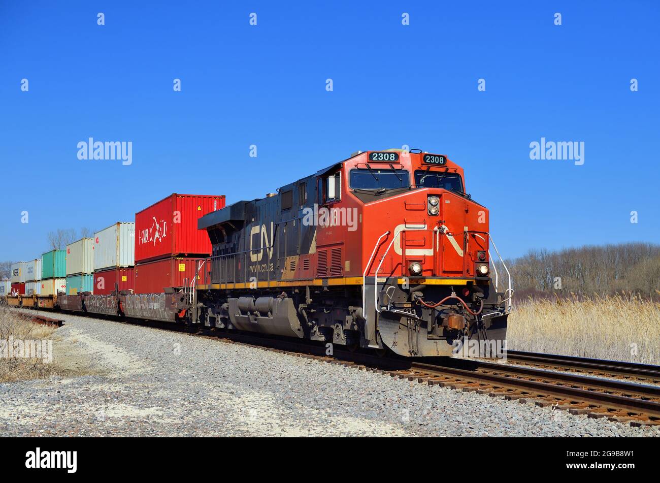 Hoffman Estates, Illinois, USA. Eine Lokomotive der Canadian National Railway führt einen intermodalen Güterzug durch Chicagos nordwestliche Vororte. Stockfoto