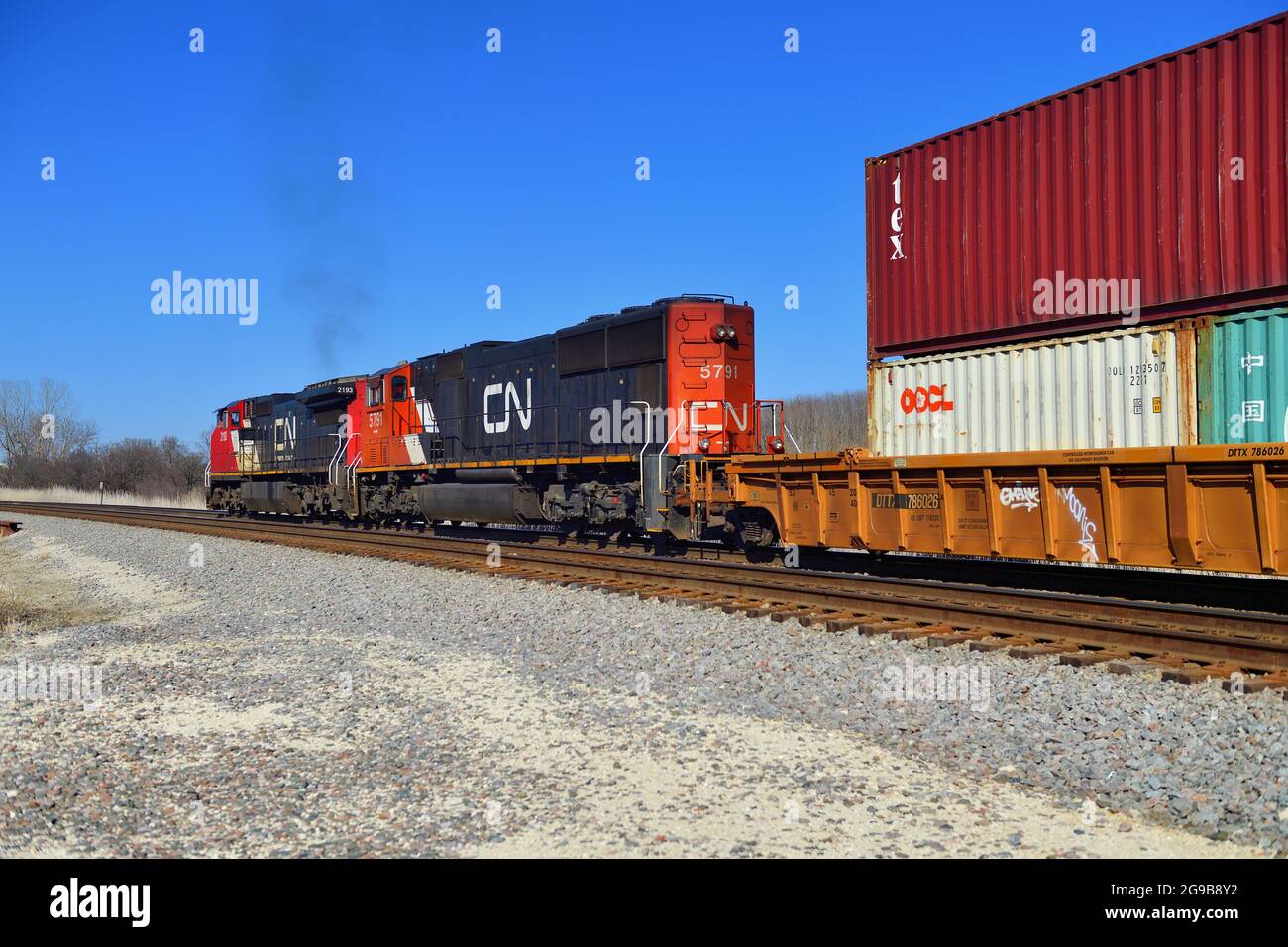 Hoffman Estates, Illinois, USA. Zwei Lokomotiven der Canadian National Railway führen einen intermodalen Güterzug. Stockfoto