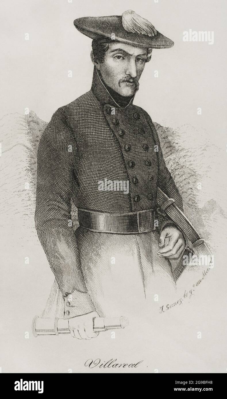 Bruno de Villarreal (1799-1861). Offizier der Carlistenarmee während des Ersten Carlistenkrieges (1833-1840). Er erreichte den Rang eines Marschalls der Karlistenarmee des Nordens. Hochformat. Stich von José Gómez. Panorama Español, Crónica Contemporánea. Madrid, 1842. Autor: 19. JAHRHUNDERT. José Gómez. Spanischer Gravierer. Stockfoto