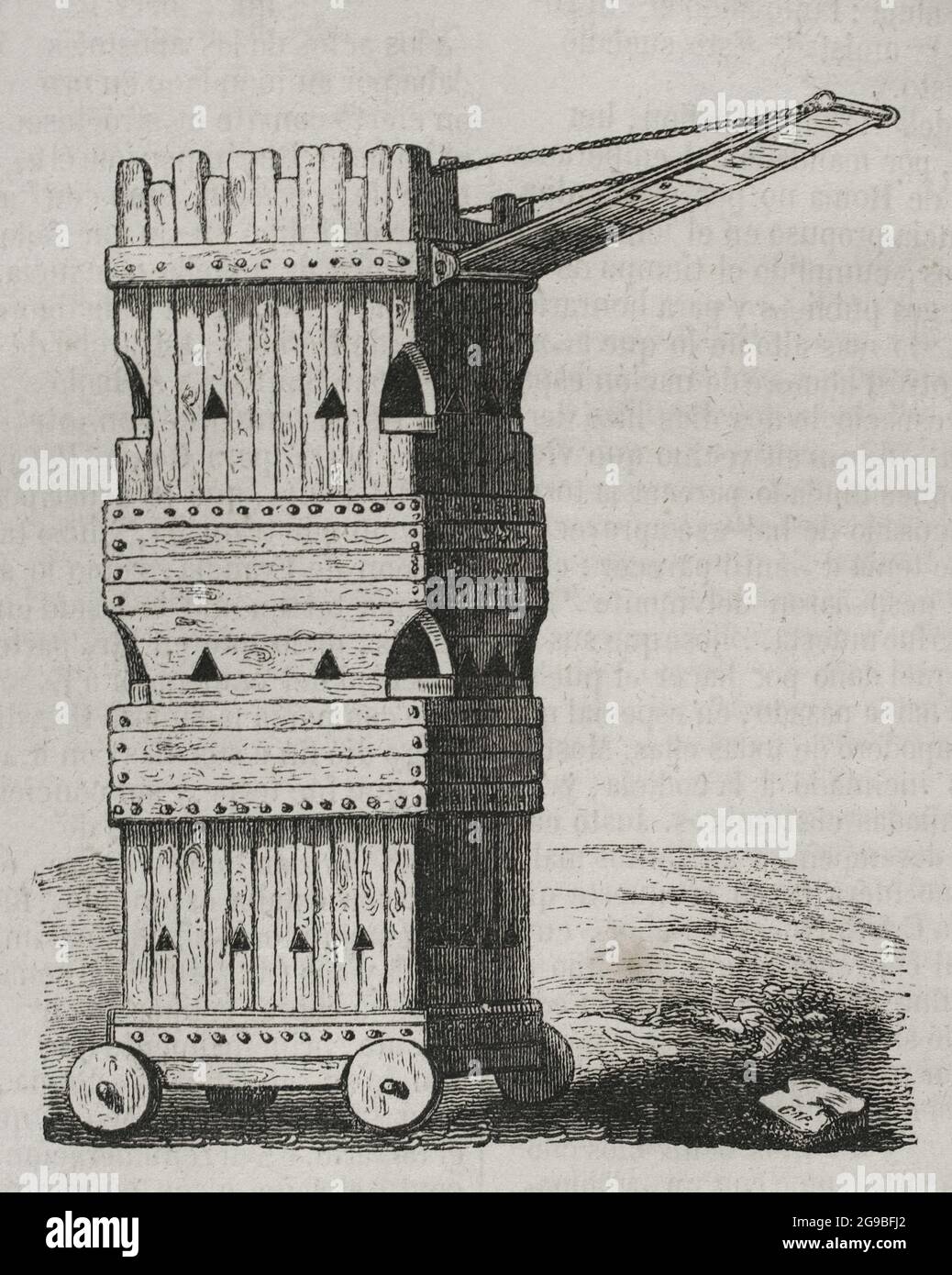 Belagerungsturm oder durchbrechender Turm. Belagerungs-Motor. Gravur. Historia General de España von Pater Mariana. Madrid, 1852. Stockfoto