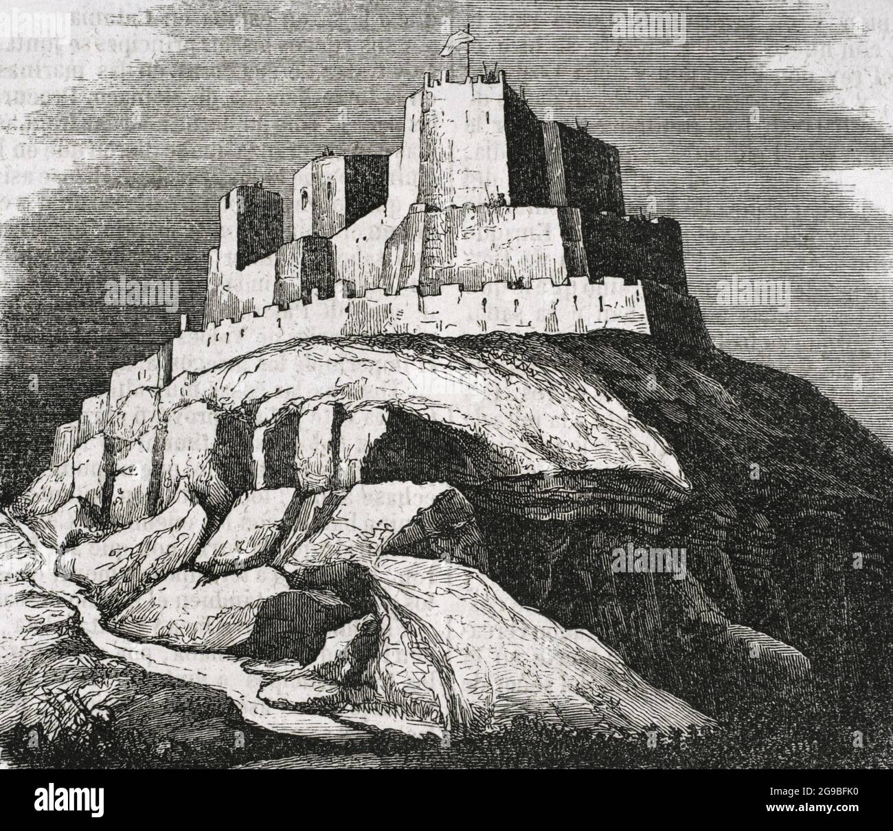 Spanien. Templerburg von Monzón. Stich von Cibera. Historia General de España von Pater Mariana. Madrid, 1852. Autor: Ildefonso Cibera, spanischer Kupferstecher, 19. Jahrhundert. Stockfoto