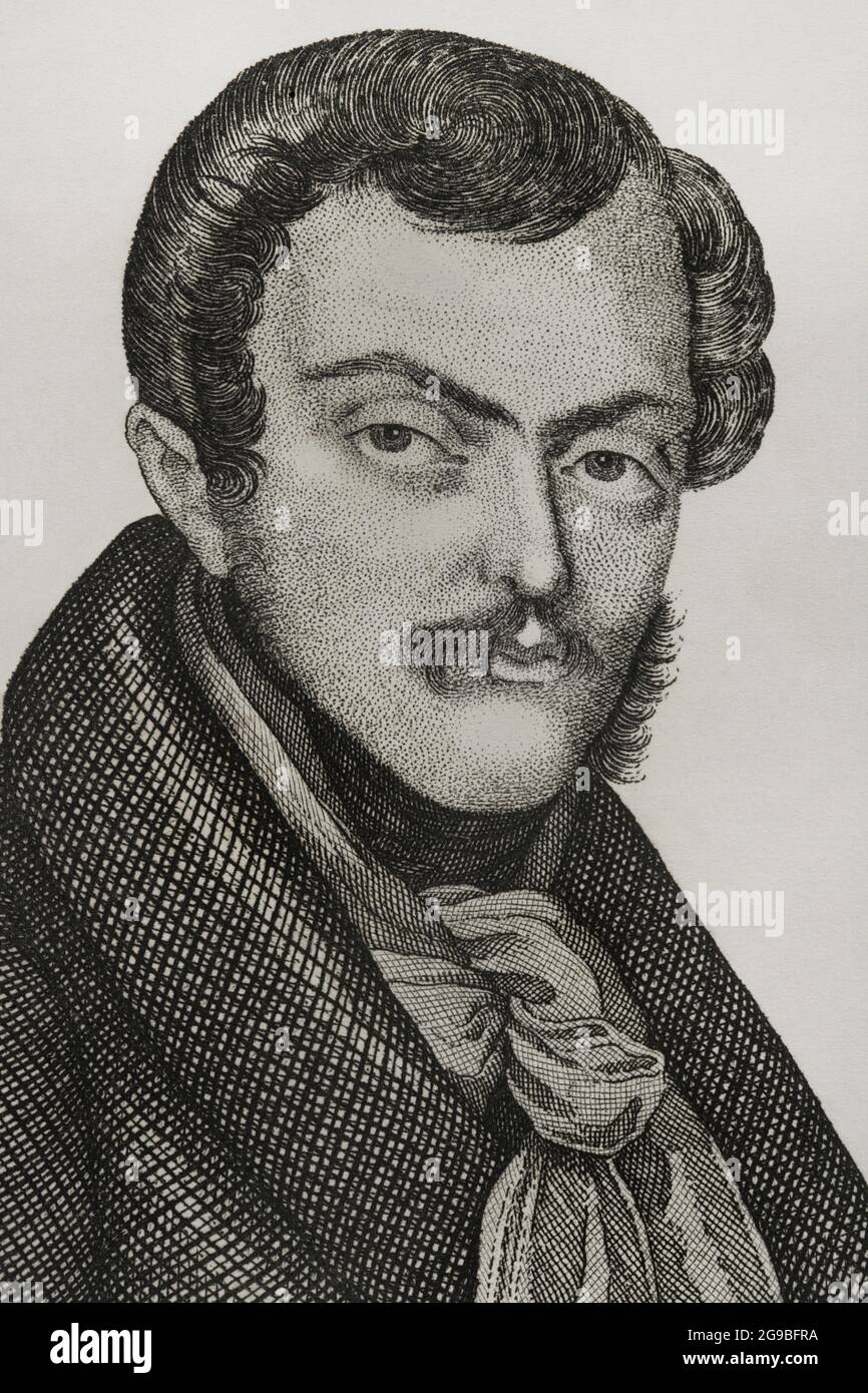 Sebastian Gabriel von Bourbon und Braganza (1811-1875). Infante von Spanien und Portugal. Carlist-Armeekommandeur im Fist-Carlist-Krieg. Hochformat. Stich von Pedro Celestino Maré. Details. Panorama Español, Crónica Contemporánea. Madrid, 1842. Autor: Pedro Celestino Maré (fl.1842-1862. d. ca. 1880). Spanischer Gravierer. Stockfoto