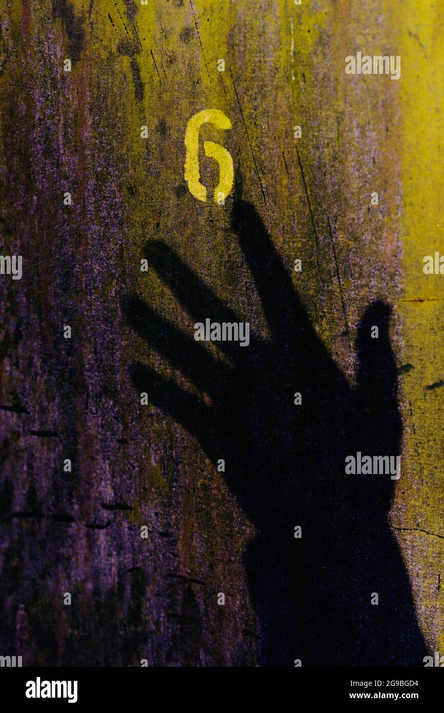 Silhouette der Hand ausgestreckt berühren Zahl 6 Stockfoto