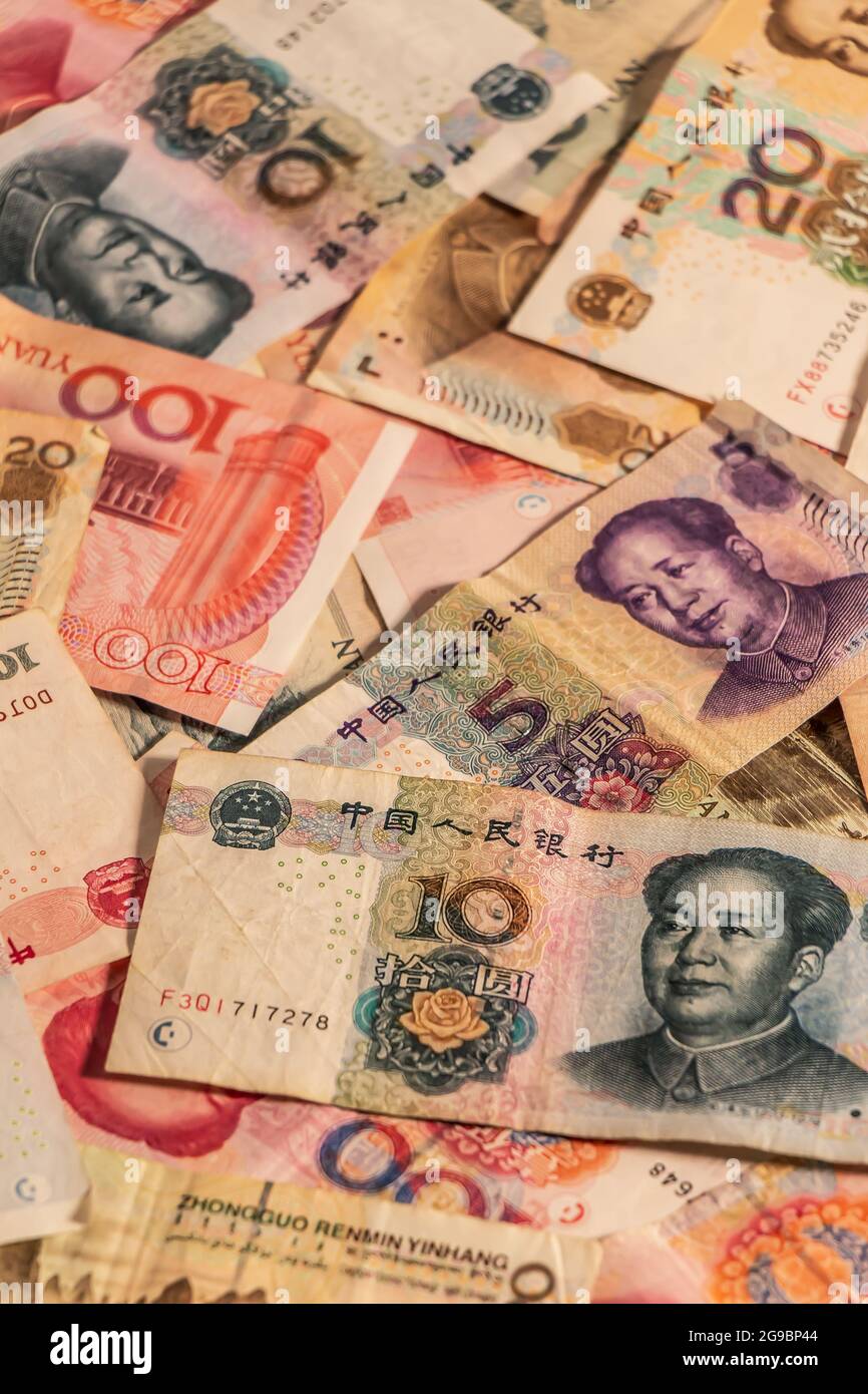 Die Zusammensetzung der Chinesischen Renminbi Yuan RMB. Die Währung. Yuan CNY Banknoten bietet große Möglichkeiten für die Illustration von Themen als Geschäft verwendet werden, Stockfoto