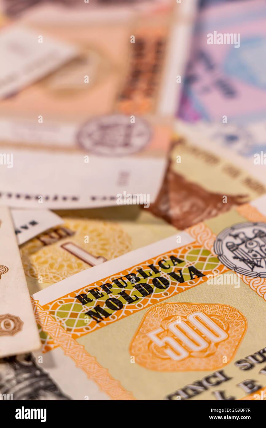 Eine Komposition von moldauischen Leu. MDL Banknoten bietet große Möglichkeiten für die Illustration von Themen wie Handel, Banken, Medien, etc. Stockfoto