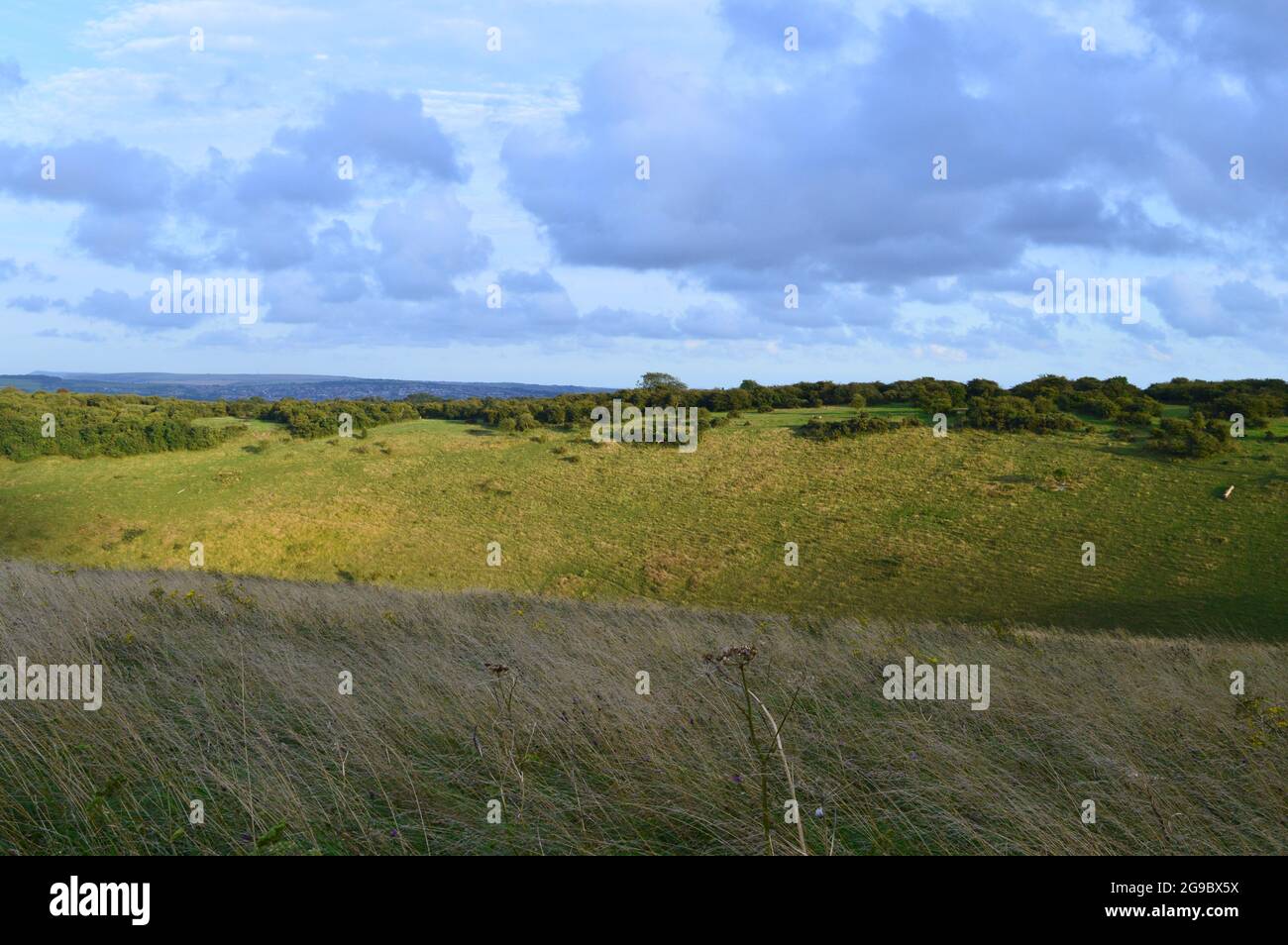 Hügel und Landschaft Devils Dyke, England an einem sonnigen Abend Stockfoto