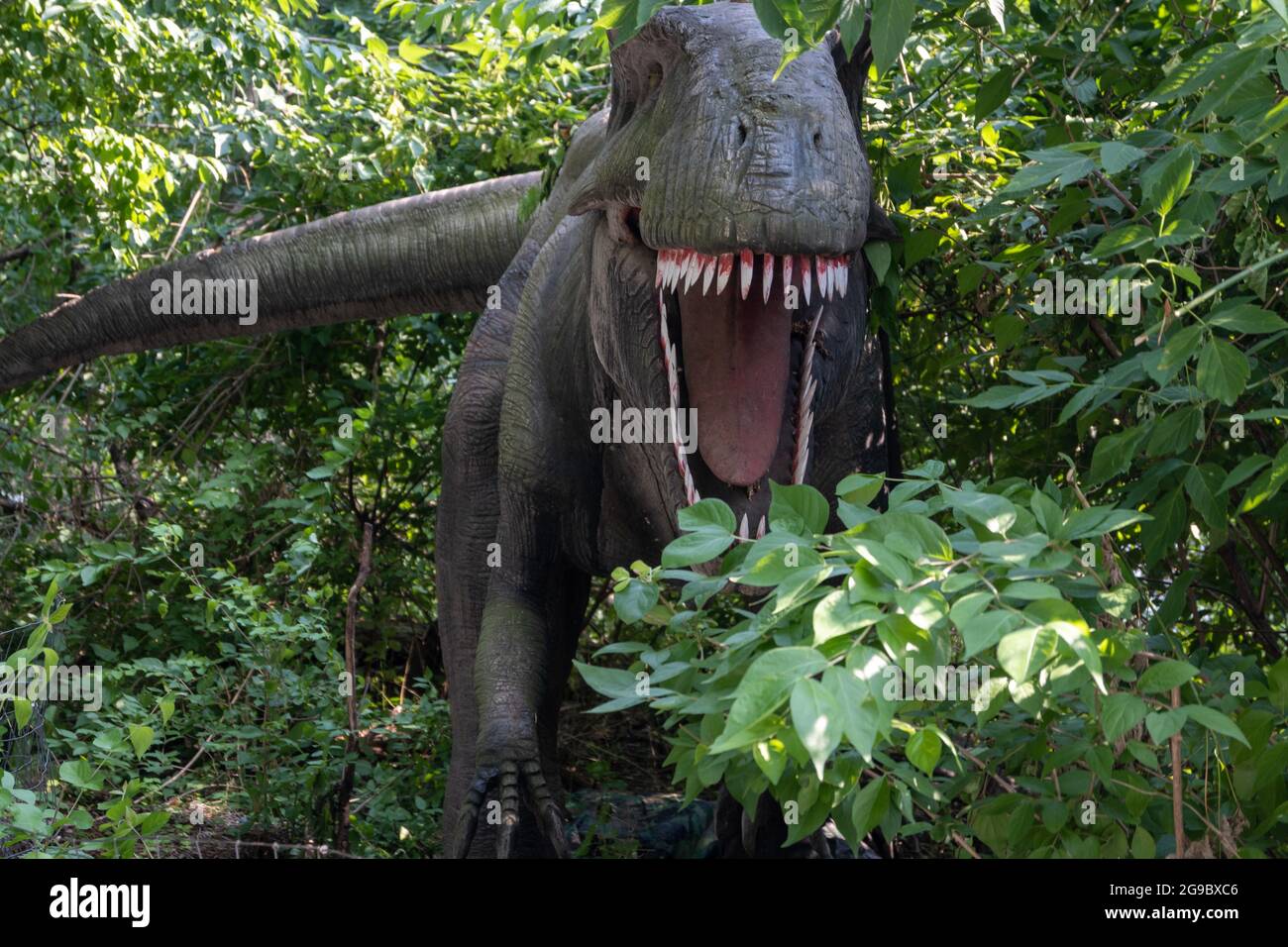 Nahaufnahme eines realistisch aussehenden Dinosauriers, der zwischen den Bäumen im Park platziert ist Stockfoto