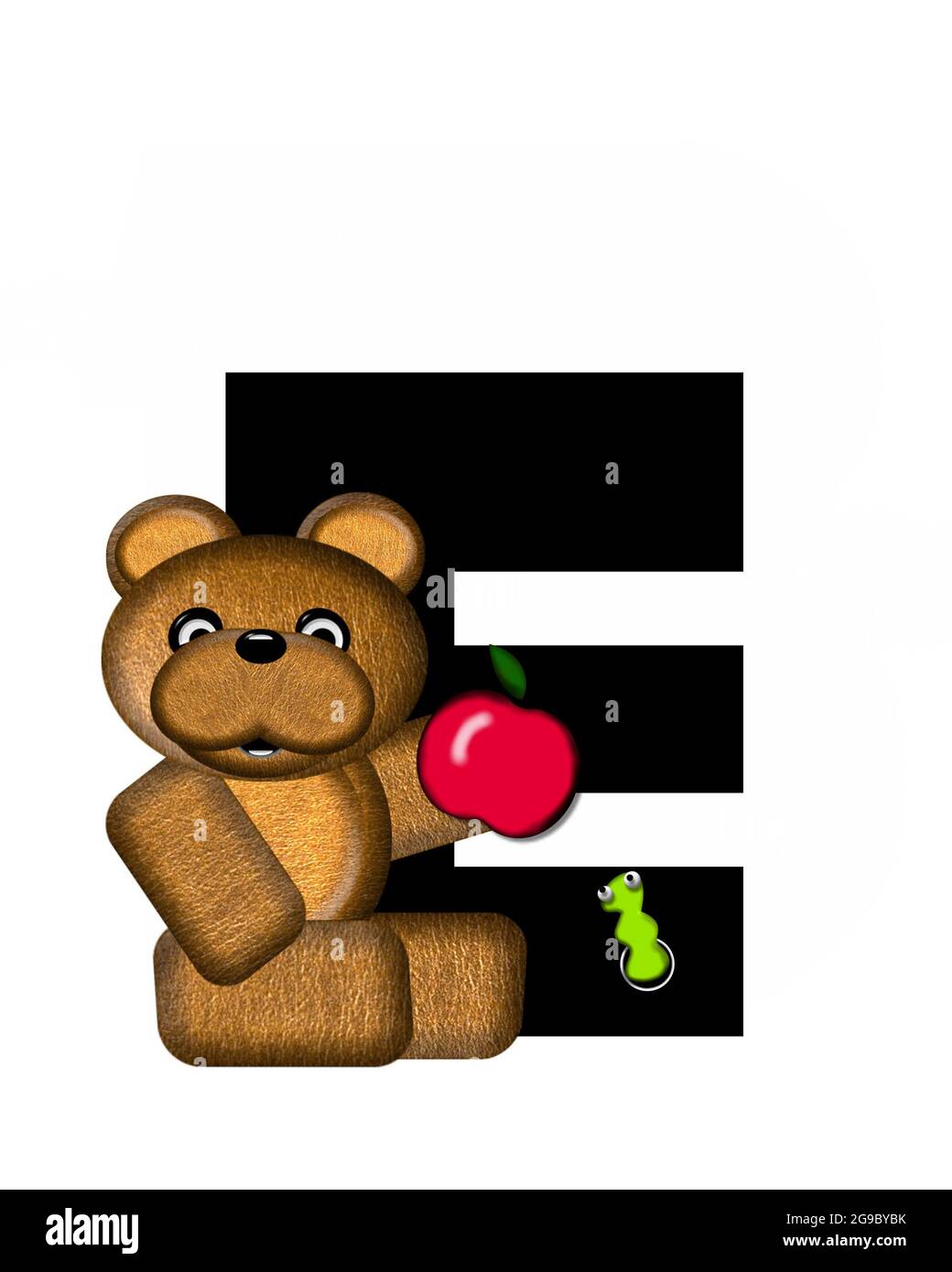 Der Buchstabe E im Alphabet-Set „Teddy“ ist schwarz mit weißem Hintergrund. Borwn Teddybär schmückt Brief. Stockfoto