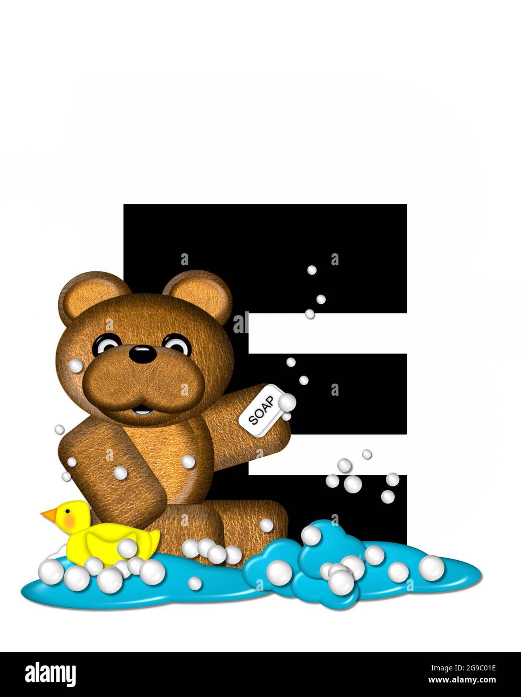 Der Buchstabe E im Alphabet-Set „Teddy Bath Time“ ist schwarz und sitzt auf einem Pool aus verschüttetem Badewasser. Brauner Teddybär, Blasen und gelbe Ente verfärben sich Stockfoto