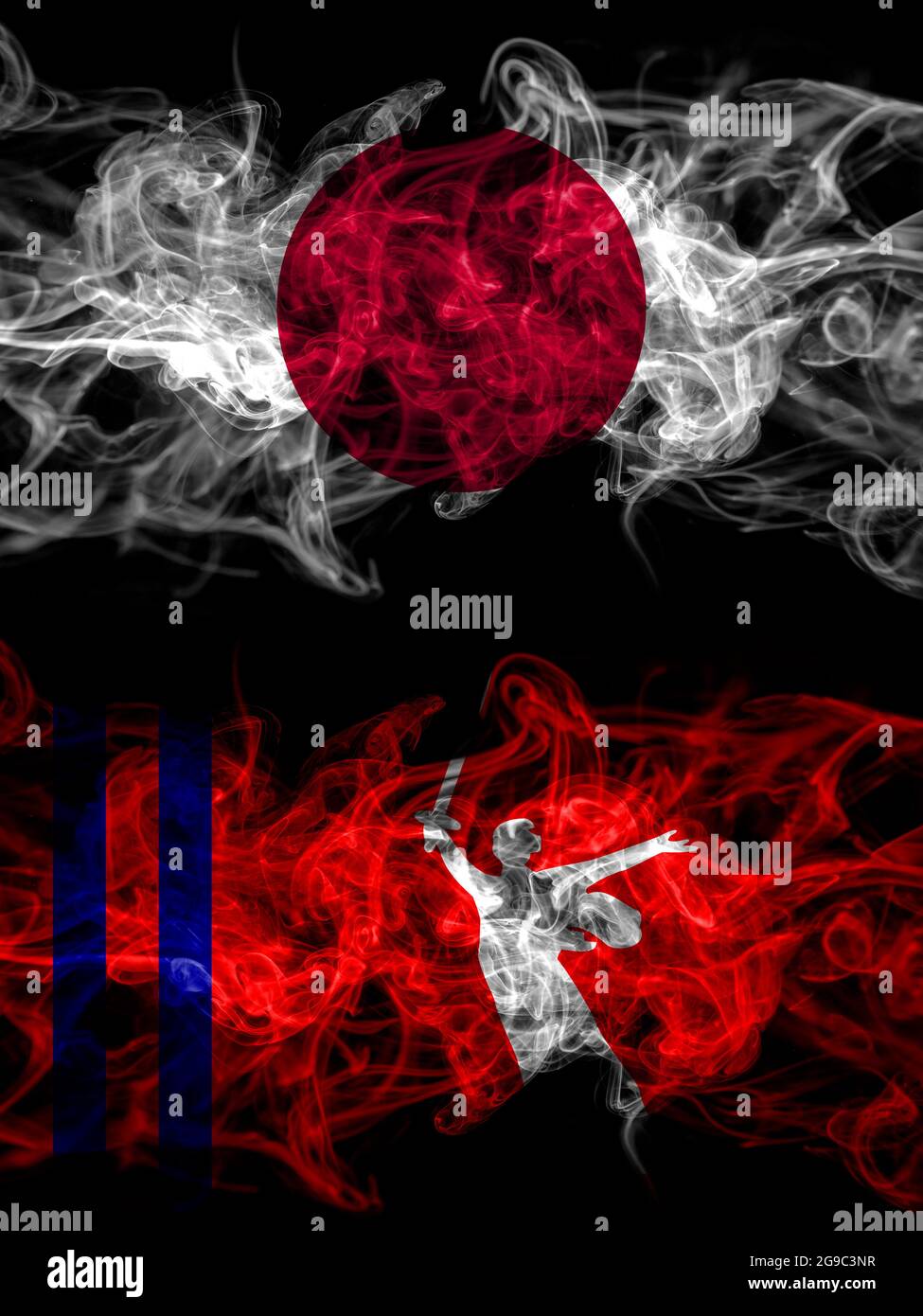 Rauchflaggen von Japan, Japan und Russland, Russland, dem Gebiet Wolgograd Stockfoto