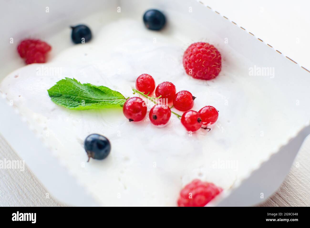 Ein erfrischendes Dessert aus Savoyardi, Grapefruitmarmelade und Sauerrahm mit Himbeeren und Johannisbeeren. Stockfoto