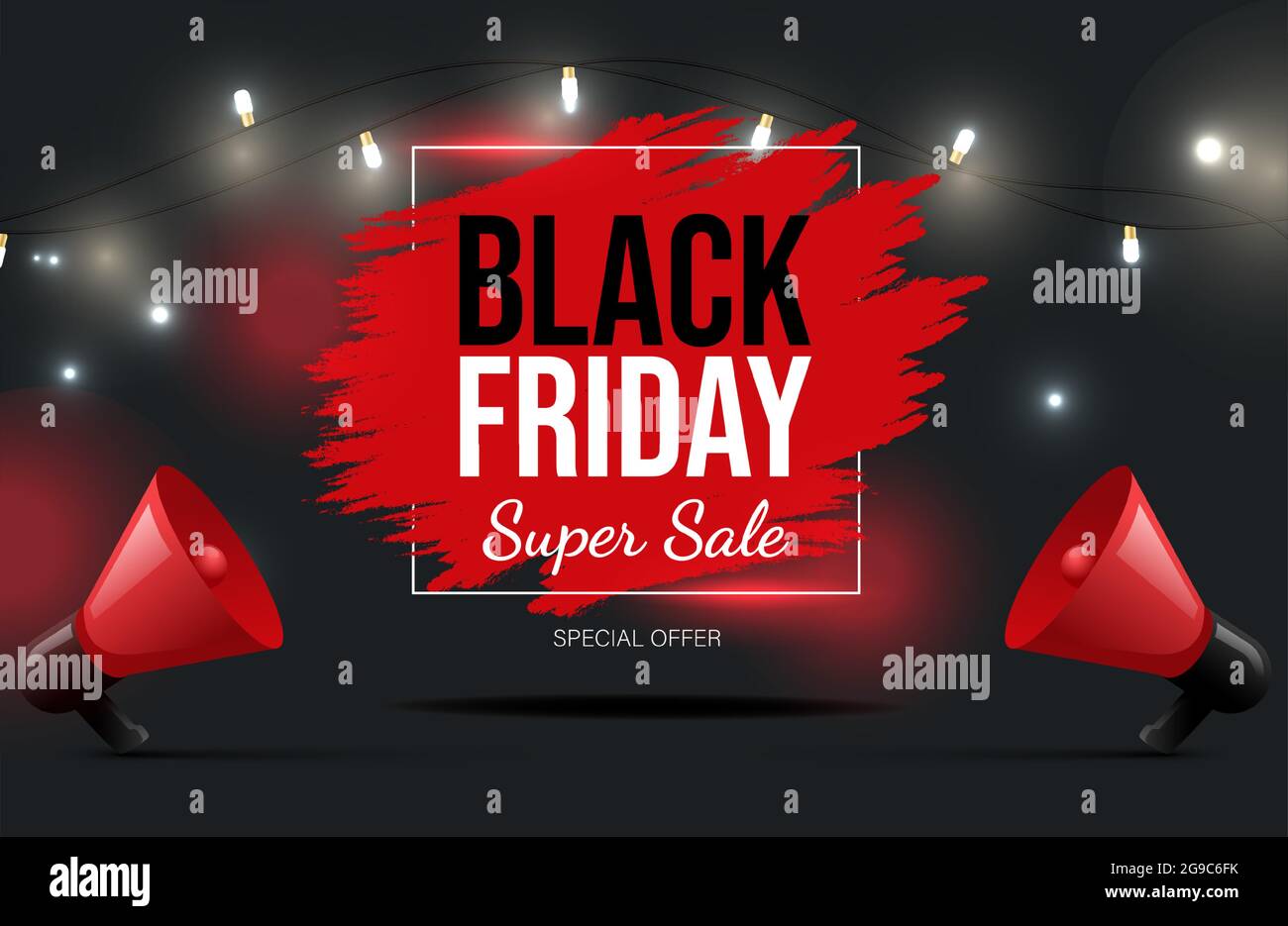 Black Friday Vektor Banner Design mit Text. Super saisonalen Verkauf Poster Neon-Konzept, Sonderangebot. Ermäßigte Plakatwand mit Lautsprechern und Leuchten. Werbeangebot Konzept. Stock Vektor