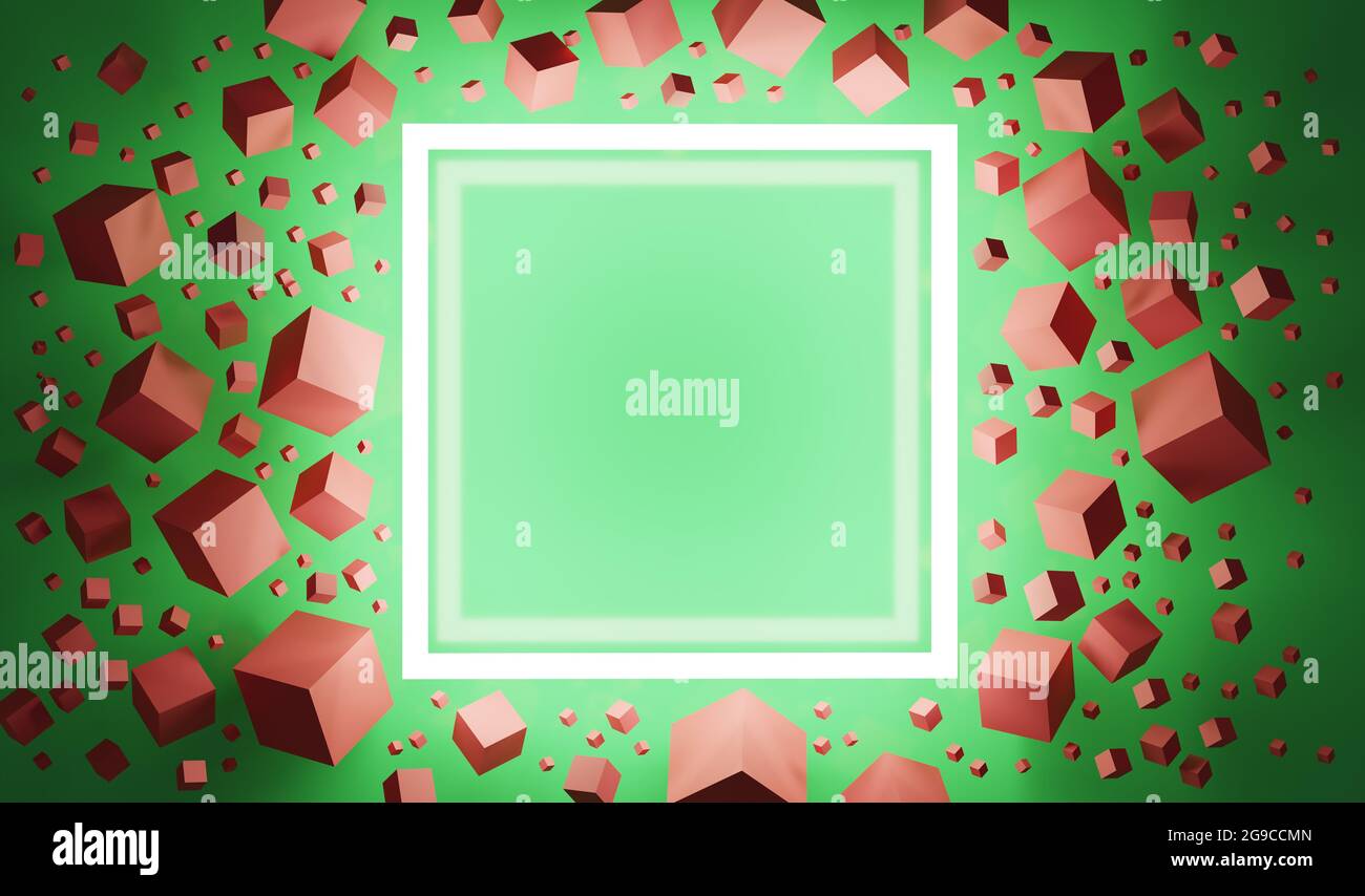 Leuchtender Rahmen, schwebende rote Würfel, grüner Hintergrund. 3D-Illustration Stockfoto
