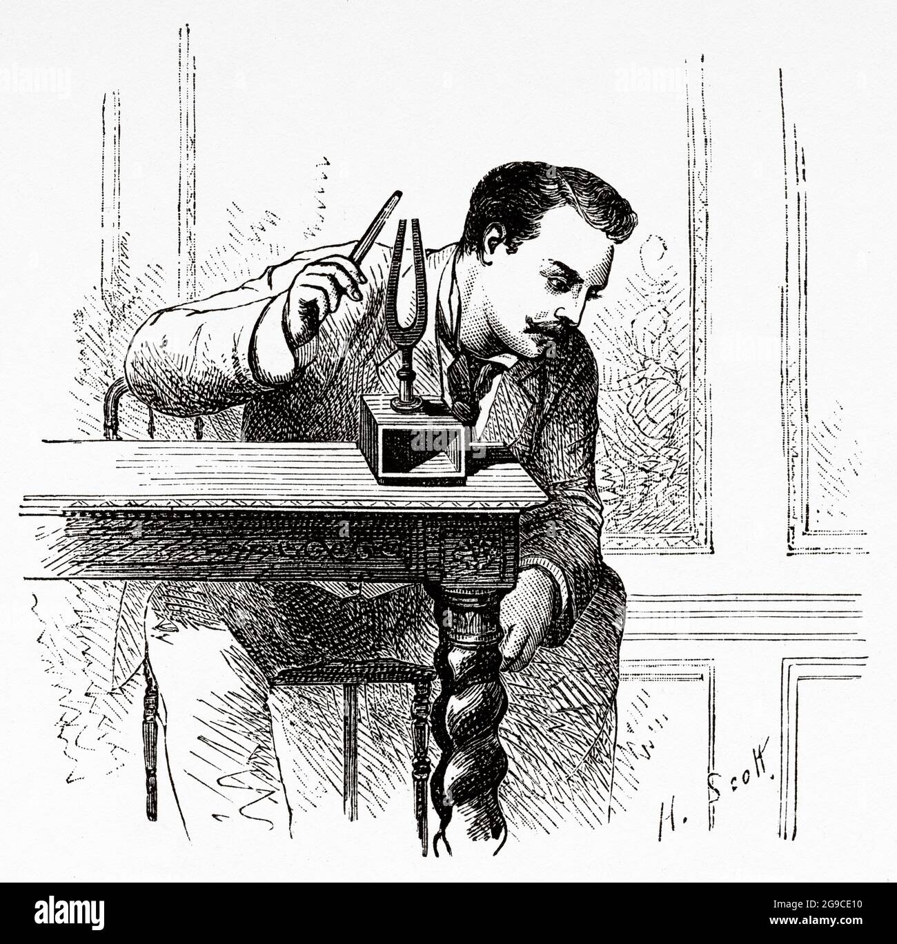 Schallproduktion durch die Vibration einer Stimmgabel. Alte Illustration  aus dem 19. Jahrhundert von El Mundo Ilustrado 1879 Stockfotografie - Alamy