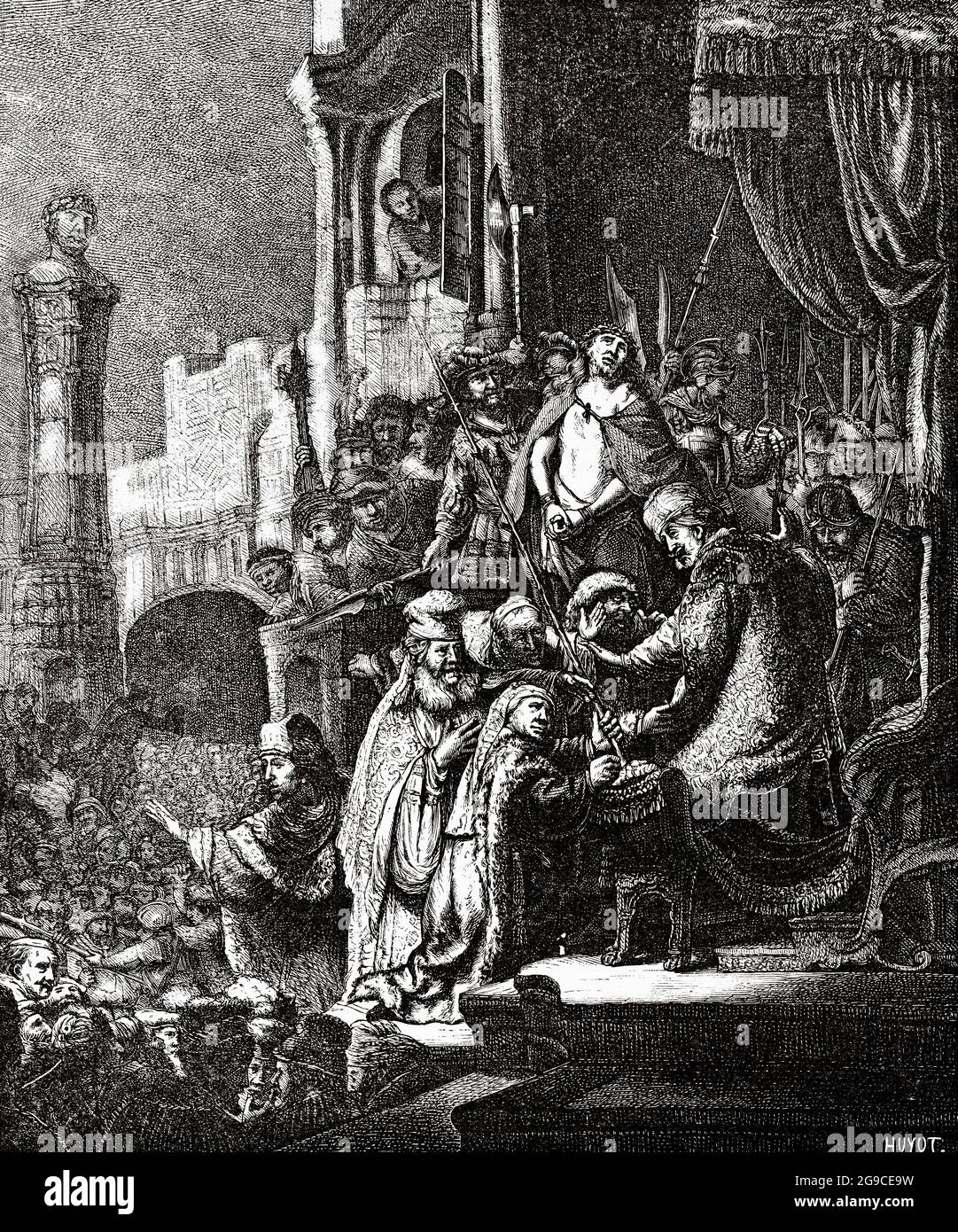 Jesus vor Pilatus. Alte Illustration von Jesus Christus aus dem 19. Jahrhundert von Veuillot 1881 Stockfoto