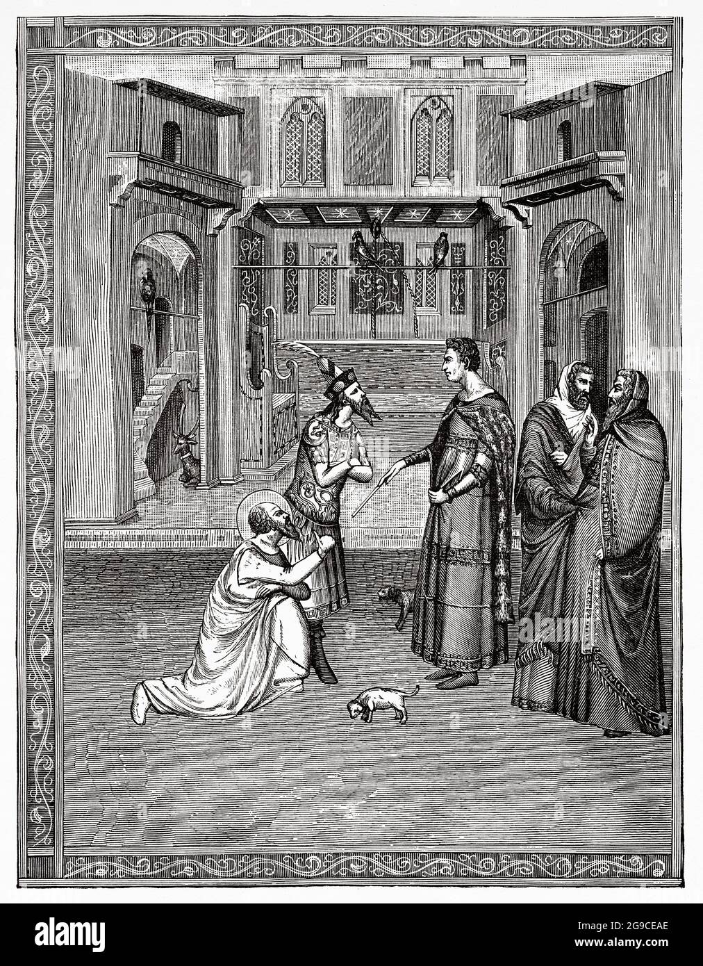 Joseph von Arimathäa vor Pilatus. Joseph von Arimathea in Begleitung von Nikodemus werden sie Pilatus bitten, den Leib Jesu Christi, einen Stich aus dem 14. Jahrhundert, zu begraben. Alte Illustration von Jesus Christus aus dem 19. Jahrhundert von Veuillot 1881 Stockfoto