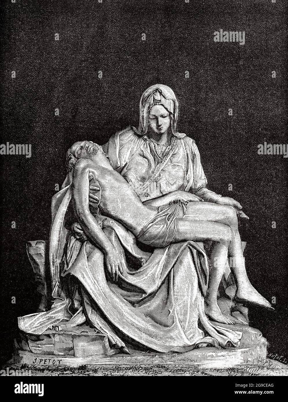 Die Jungfrau Maria mit dem Leib ihres Sohnes Jesus Christus auf den Knien. Alte Illustration von Jesus Christus aus dem 19. Jahrhundert von Veuillot 1881 Stockfoto
