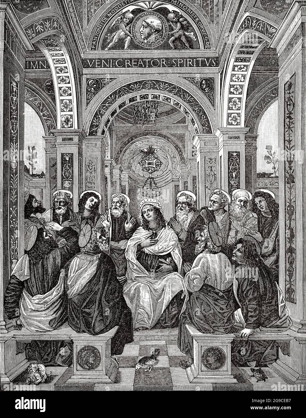 Das Kommen des Heiligen Geistes. Alte Illustration von Jesus Christus aus dem 19. Jahrhundert von Veuillot 1881 Stockfoto