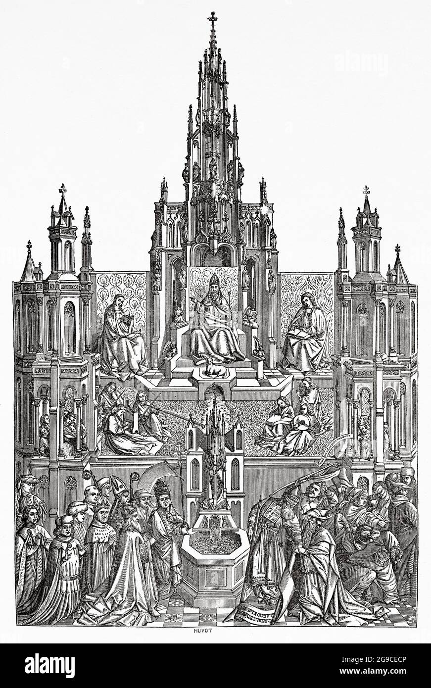 La Fuente De La Vida. Der Brunnen der Gnade, Gemälde von Jan van Eyck (1390-1441) war ein flämischer Maler. Alte Illustration von Jesus Christus aus dem 19. Jahrhundert von Veuillot 1881 Stockfoto