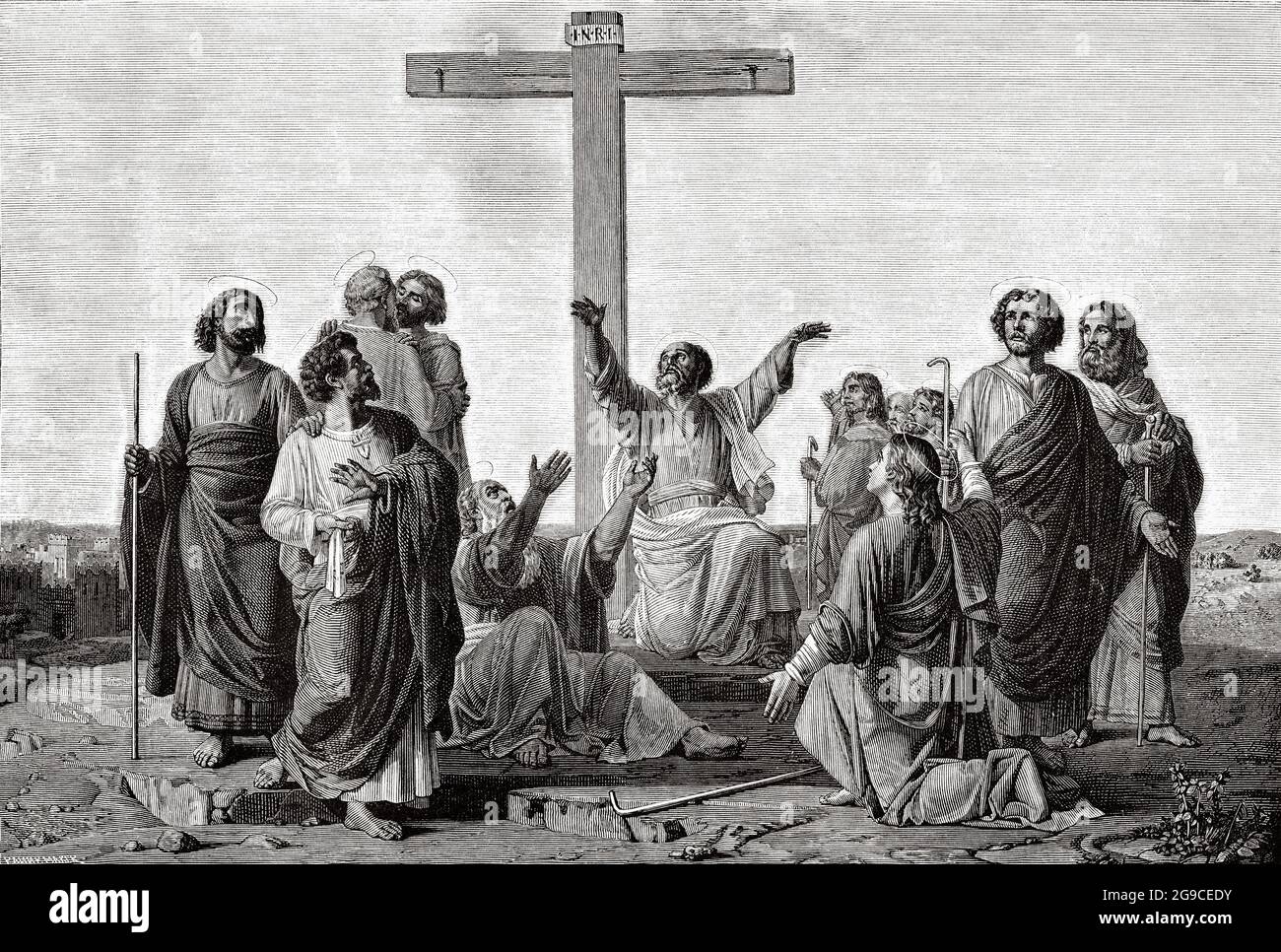 Die Mission der Apostel. Die Apostel versammelten sich am Fuße des Kreuzes getrennt, um den Nationen das Evangelium zu predigen. Alte Illustration von Jesus Christus aus dem 19. Jahrhundert von Veuillot 1881 Stockfoto