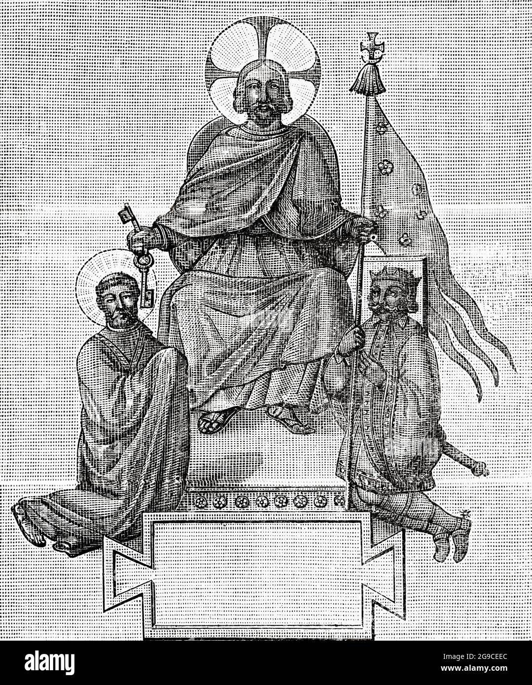 Jesus Christus gibt dem heiligen Petrus die Schlüssel und Karl dem Großen das Banner. Alte Illustration von Jesus Christus aus dem 19. Jahrhundert von Veuillot 1881 Stockfoto