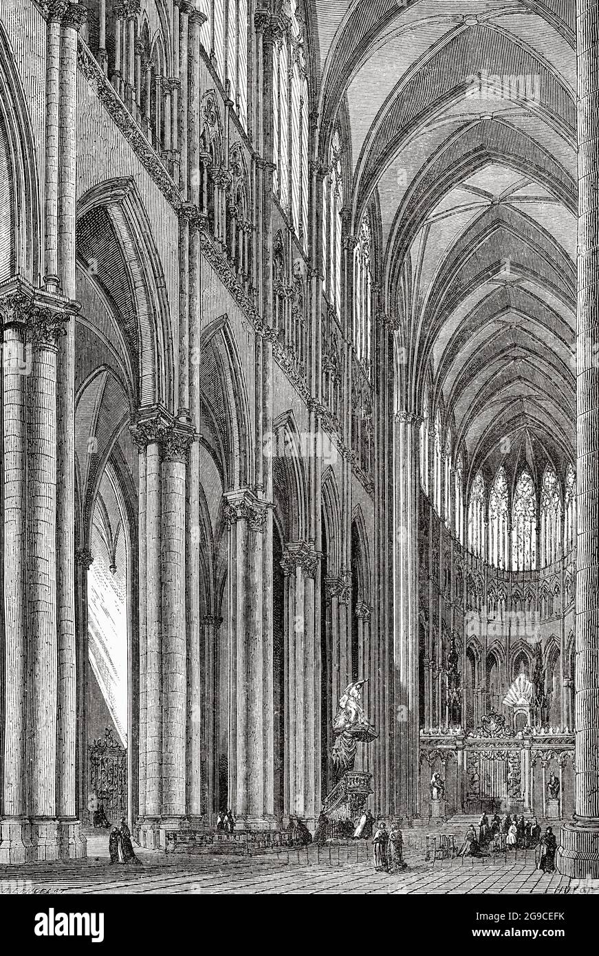 Ogivale Architektur. Innenraum der Kathedrale Notre Dame, Amiens, Picardie, Frankreich. Alte Illustration von Jesus Christus aus dem 19. Jahrhundert von Veuillot 1881 Stockfoto