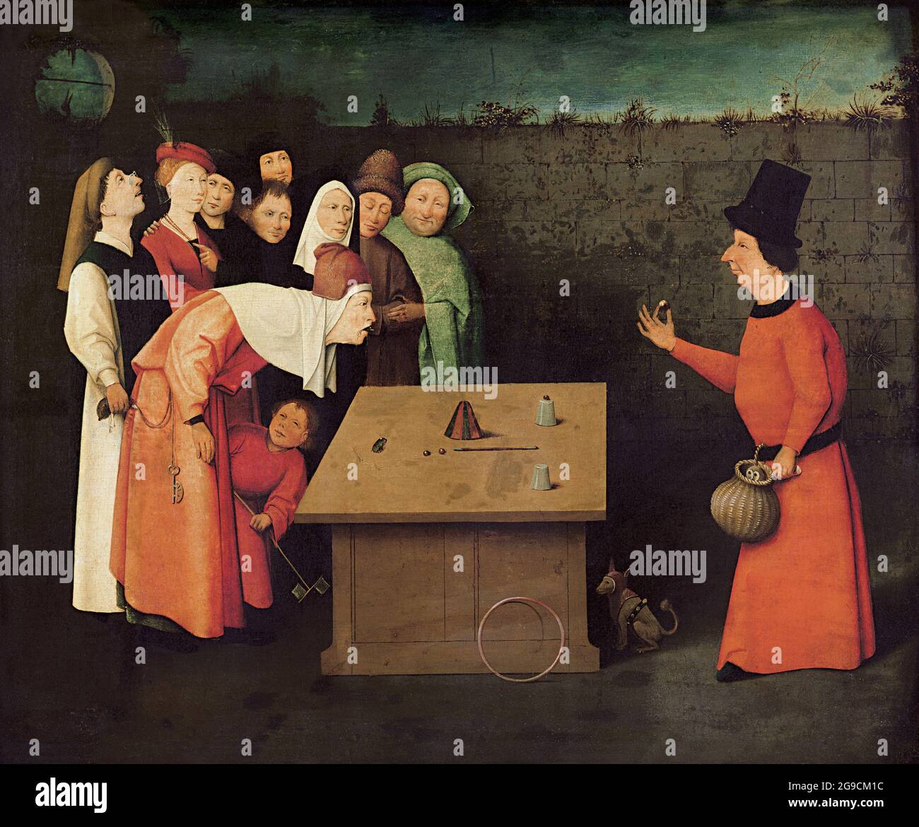 Titel: Der Conjurer Ersteller: Hieronymus Bosch Datum: 1501 - 1505 Medium: Öl auf Holz Maße: 53 × 65 cm Ort: St-Germain-en-Laye, Musée Municipal. Stockfoto