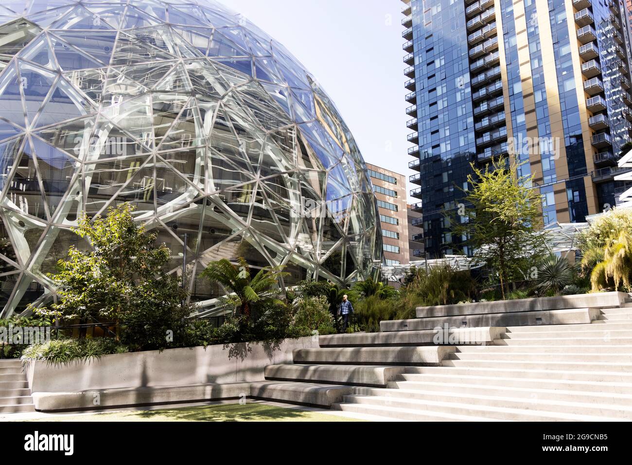 Die Amazon Spheres Bürogebäude an der 7th Avenue in der Innenstadt von Seattle, Washington, USA. Stockfoto