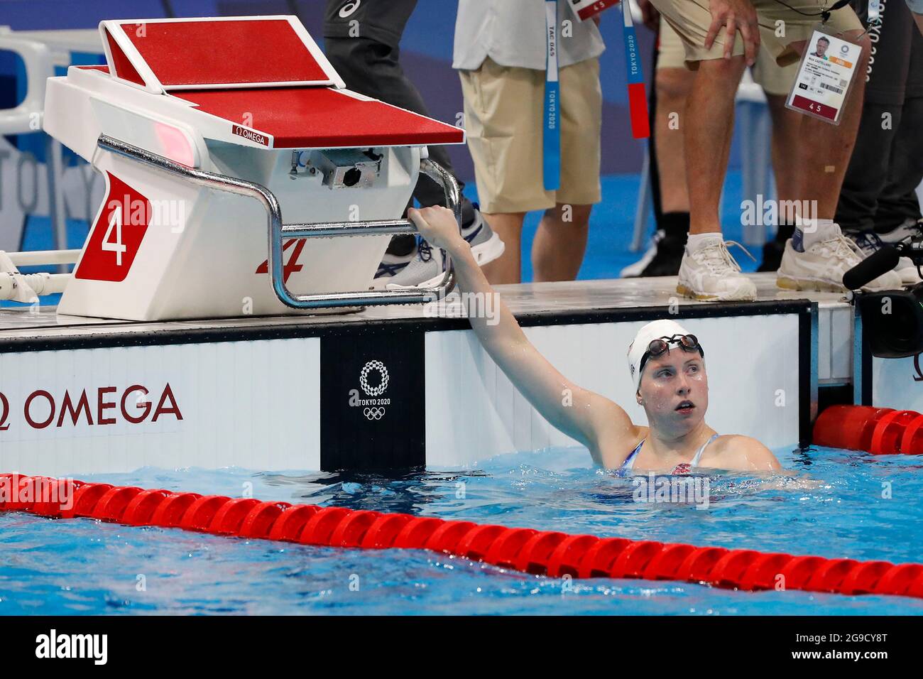 Tokio, Japan. Juli 2021. Lilly King (USA) bei den 100-m-Brustschwimmen der Frauen während der Olympischen Sommerspiele 2020 in Tokio im Tokyo Aquatics Center. (Bild: © David McIntyre/ZUMA Press Wire) Stockfoto