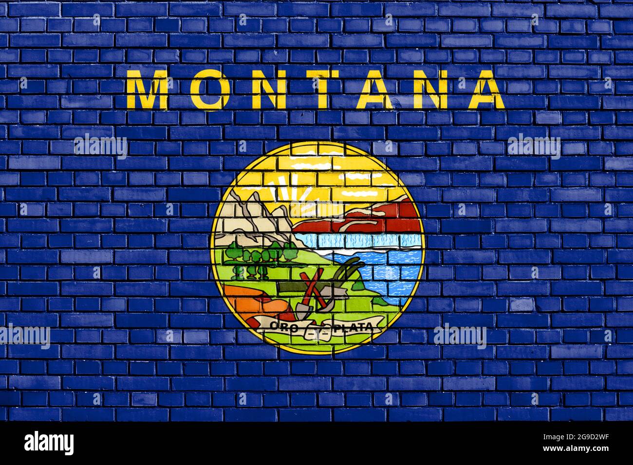 Flagge von Montana, USA auf Ziegelwand gemalt Stockfoto