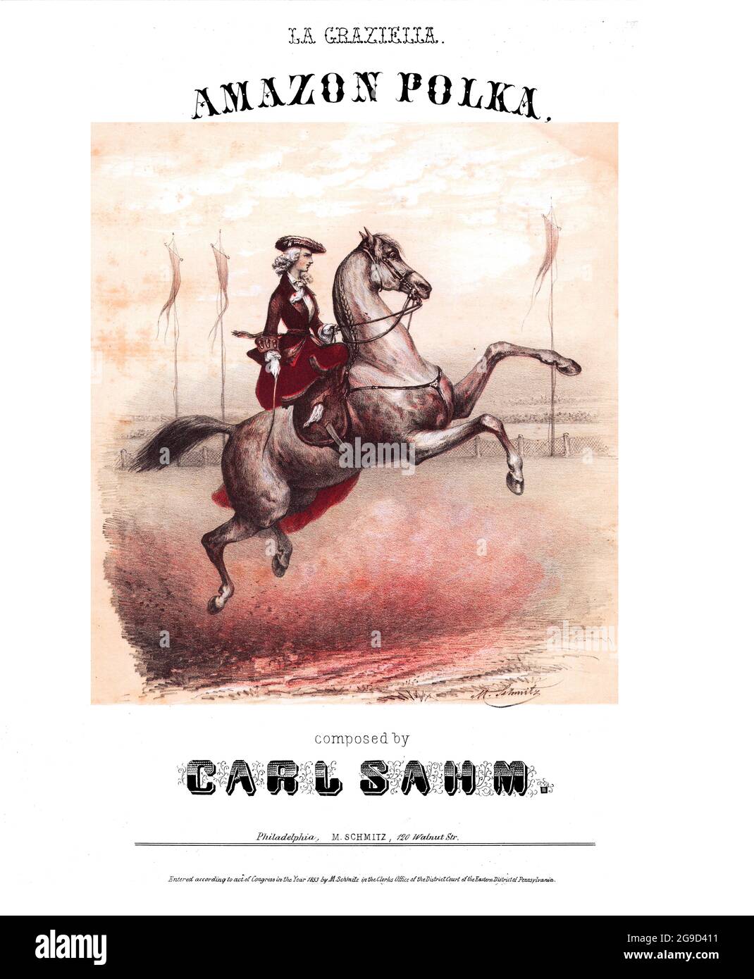 Amazon Polka. 1853 lithographierte Notenblätter mit Bild einer Frau auf dem Pferderücken, die die griechische Mythologie der Soldatenfrauen darstellt. Stockfoto