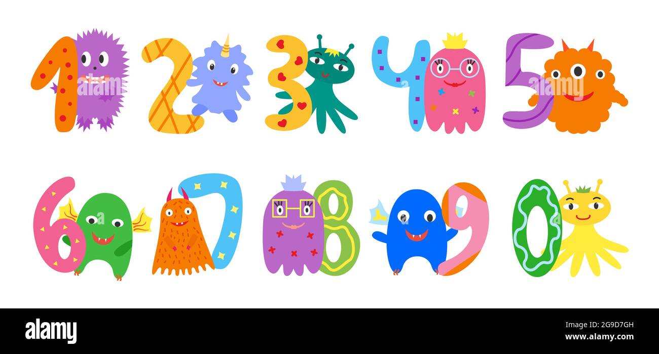 Zahlen und lustige niedliche Monster ein zwei drei vier fünf sechs sieben acht neun Null Cartoon flache farbige niedliche abstrakte Set. Design-Element für Geburtstagskarte und andere Jubiläen Dekor Stock Vektor