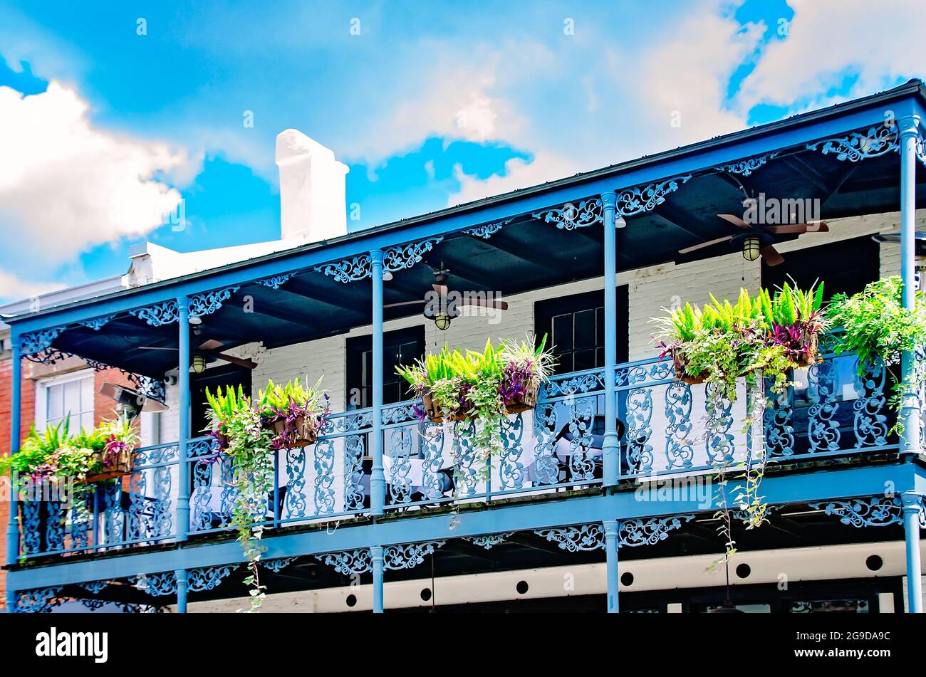 Ein schmiedeeiserner Balkon ist in der SOCU Southern Kitchen and Bar in der Dauphin Street, 23. Juli 1973, in Mobile, Alabama, abgebildet. Stockfoto