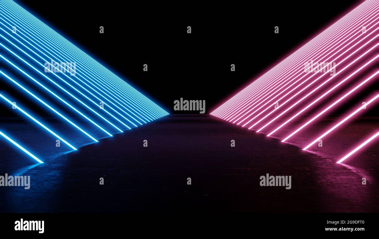 Futuristische Leuchtstoffröhre neon hellblau und lila Farbe auf schwarzem isolierten Hintergrund. 3d Illustration Rendering . Sci Fi Schiff Neon fluoreszierend Stockfoto