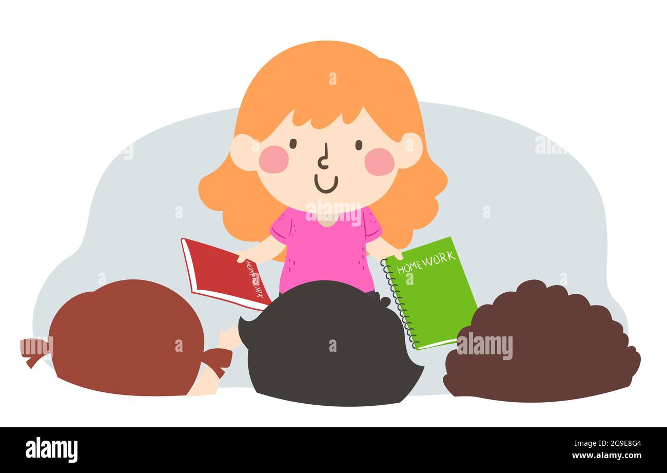 Illustration eines Mädchens, das Notebooks an Kinder als Hausarbeit, als Klassenarbeit verteilt Stockfoto